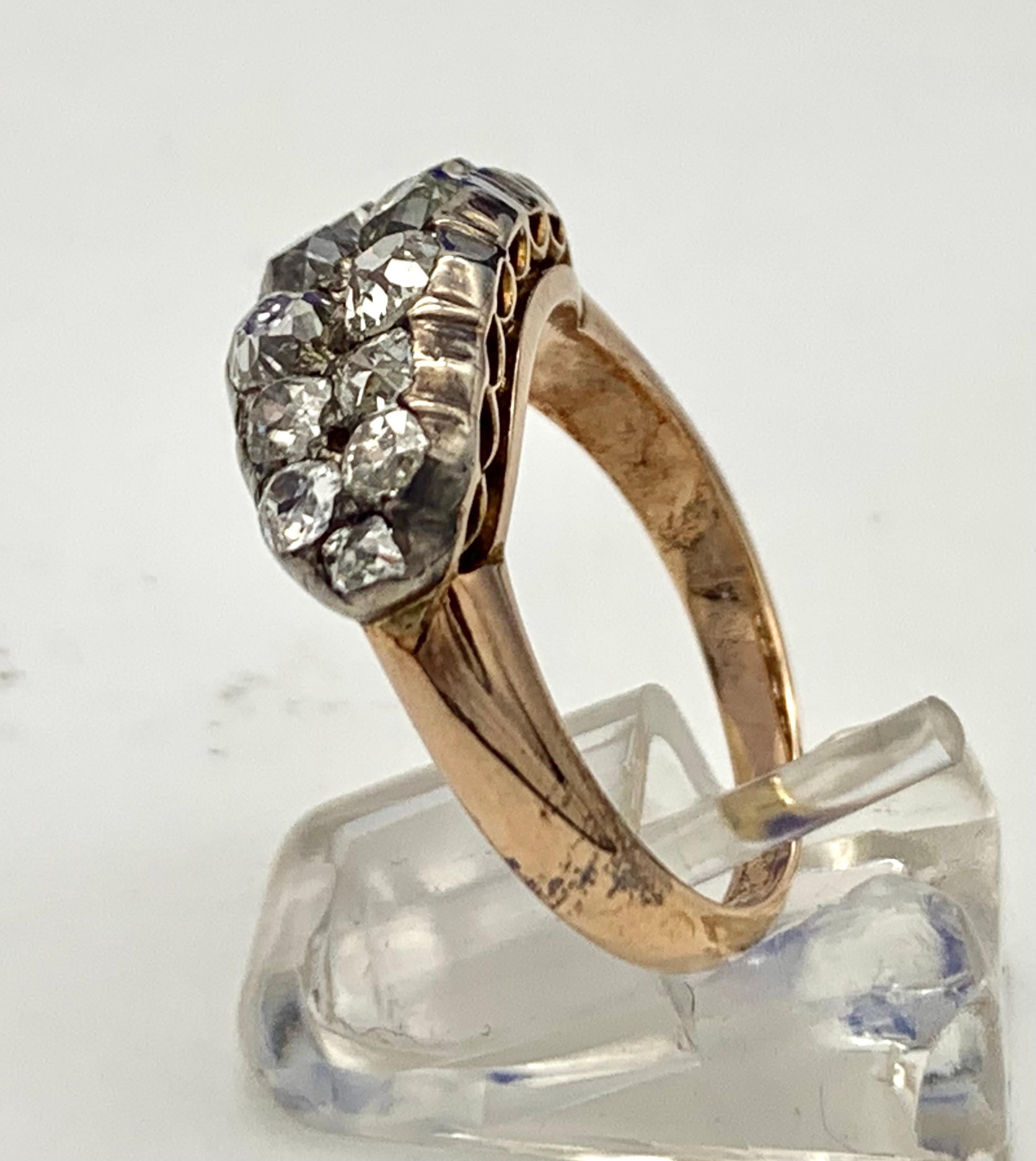 Antiker viktorianischer Diamant-Cluster-Ring aus 18 Karat Roségold und Silber (Alteuropäischer Schliff)