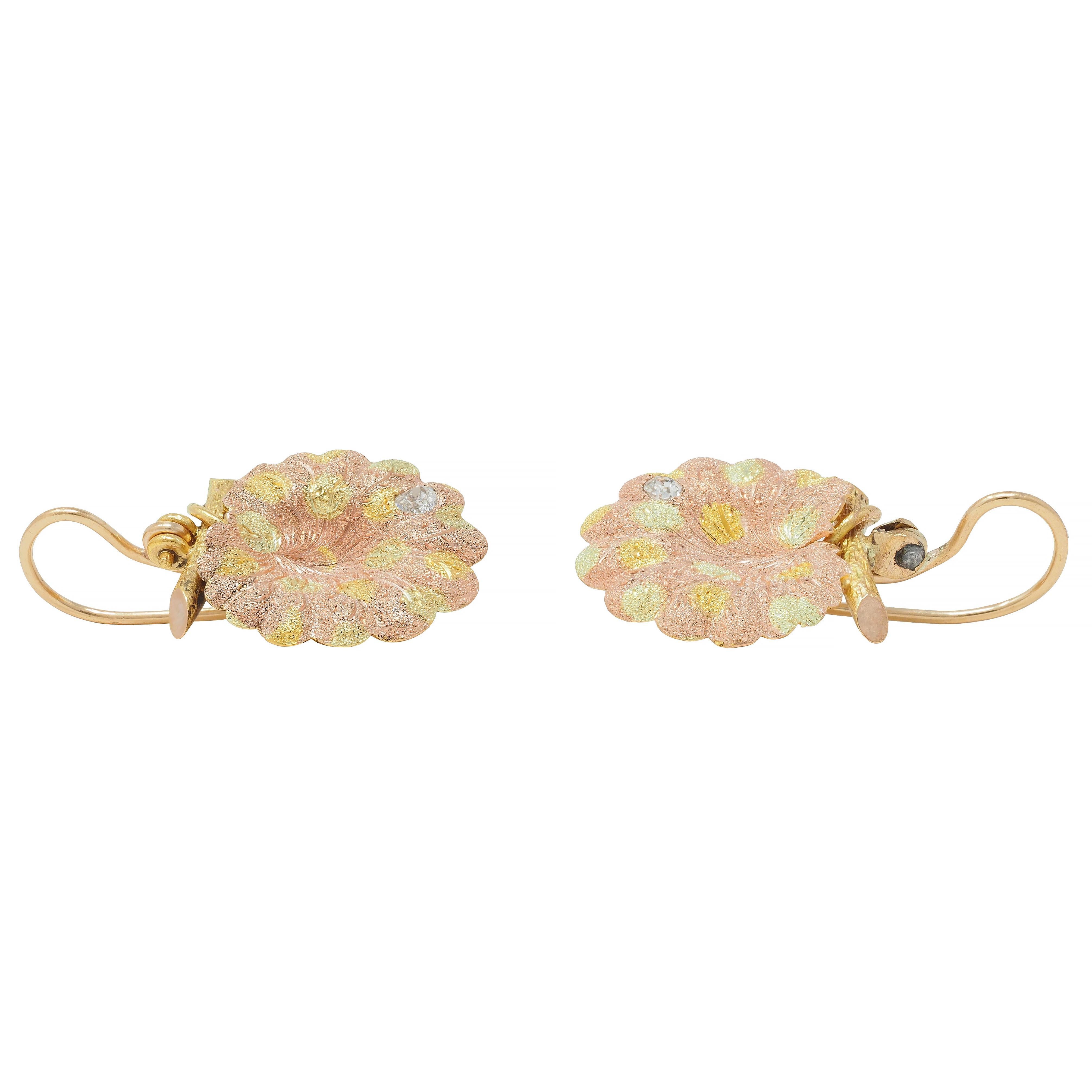 Antique Victorian Diamond 18 Karat Tri-Colored Gold Geranium Leaf Drop Earrings For Sale 2