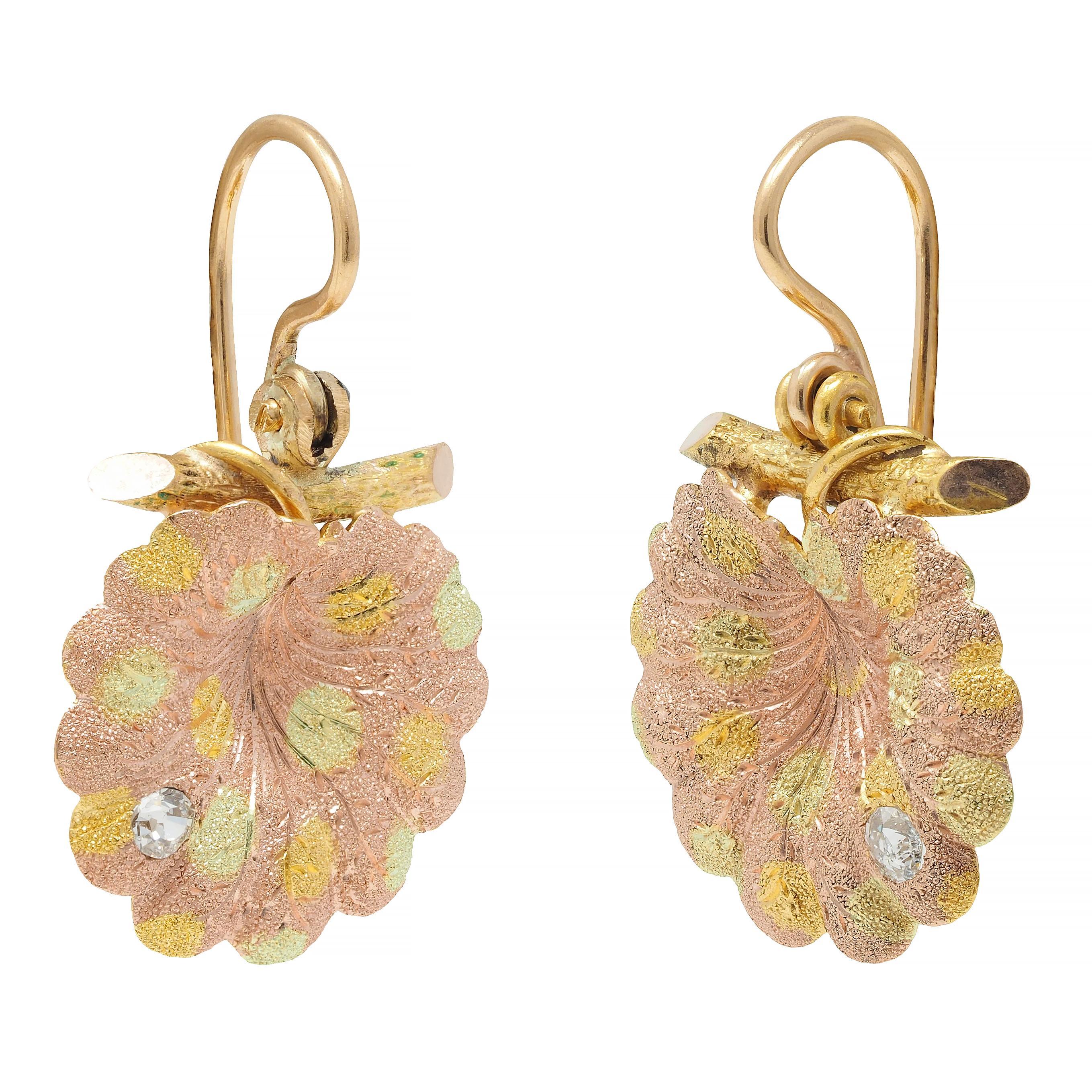 Antique Victorian Diamond 18 Karat Tri-Colored Gold Geranium Leaf Drop Earrings For Sale 3