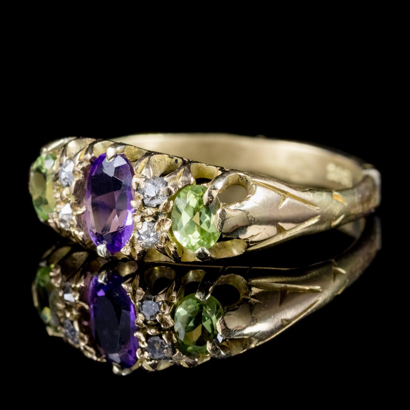 A beautiful antique Victorian Suffragette ring C. 1900, set with a violet Amethyst flanked by two green Peridots and four sparkling Diamonds. 

Suffragettes liked to be depicted as feminine, their jewellery popularly consisted of Violet, Green and