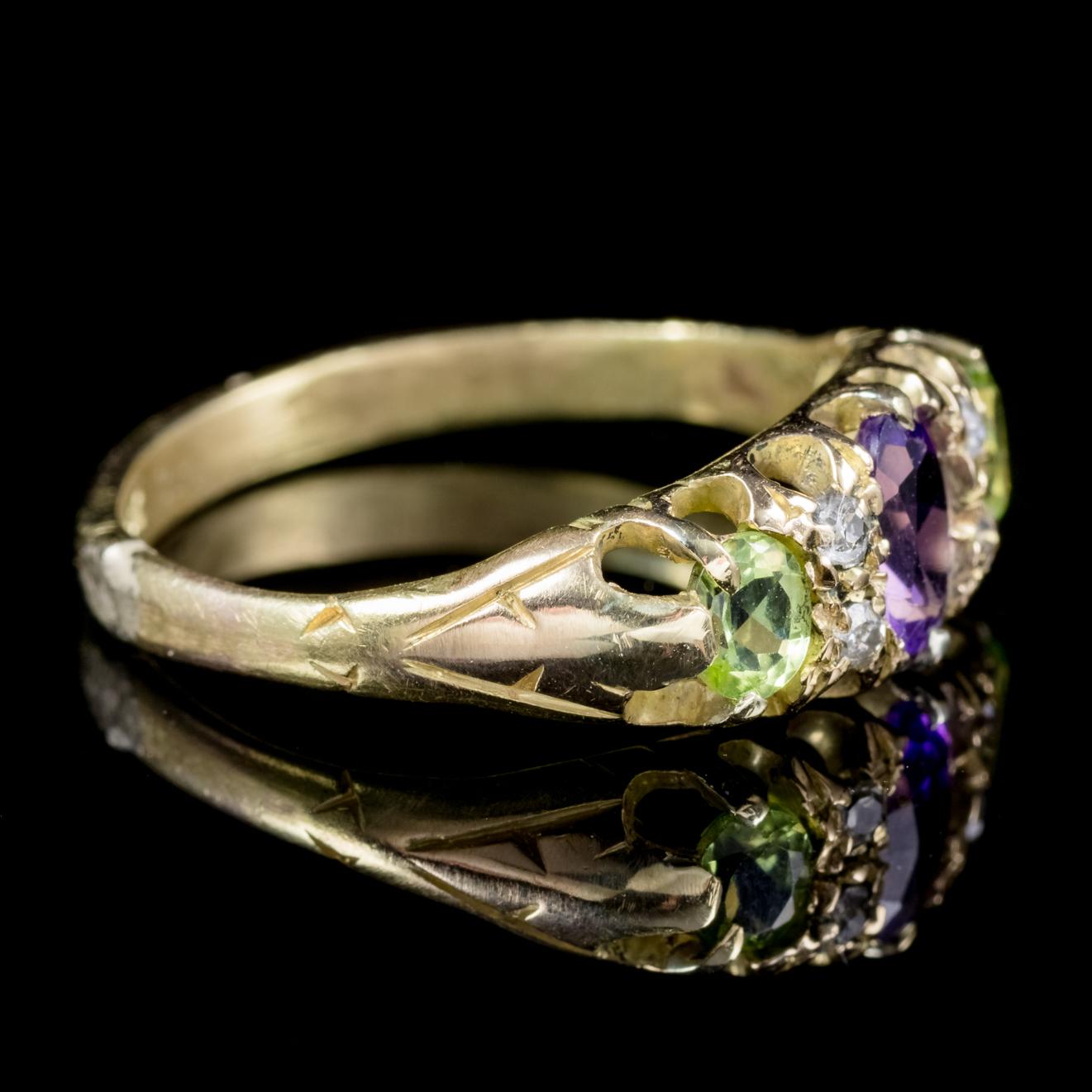 Antique Victorian Diamond Amethyst Peridot Suffragette Ring 18 Carat Gold In Good Condition For Sale In Lancaster, Lancashire
