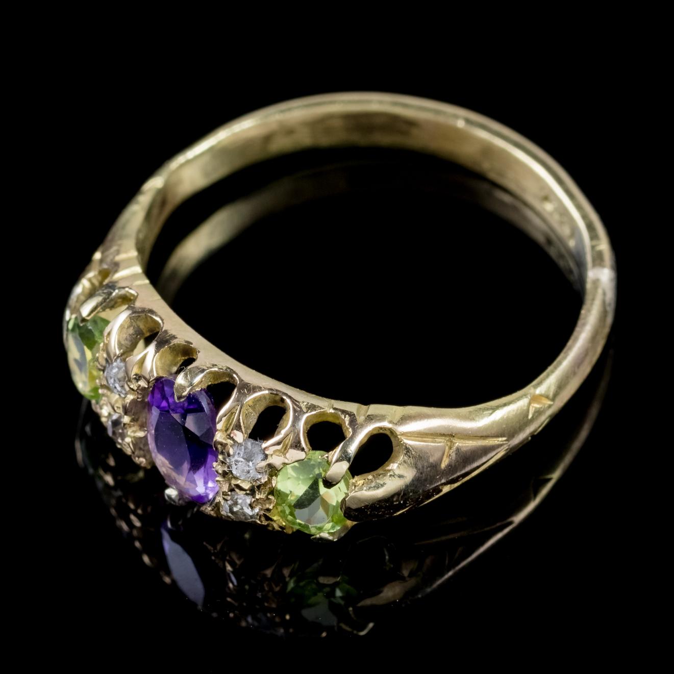 Women's Antique Victorian Diamond Amethyst Peridot Suffragette Ring 18 Carat Gold For Sale