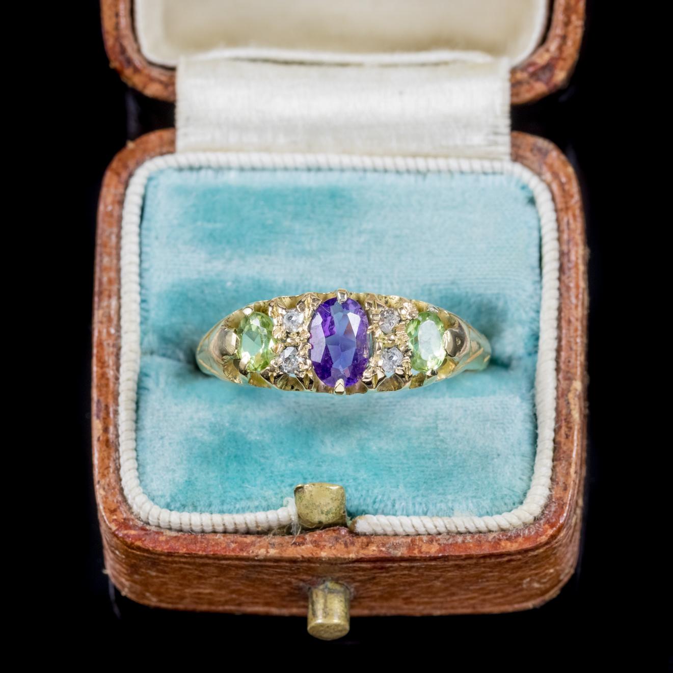Antique Victorian Diamond Amethyst Peridot Suffragette Ring 18 Carat Gold For Sale 1