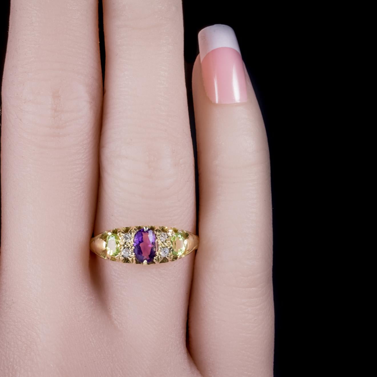 Antique Victorian Diamond Amethyst Peridot Suffragette Ring 18 Carat Gold For Sale 2