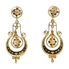 Antique Victorian Diamond and Black Enamel Drop Dangle Yellow Gold Earrings