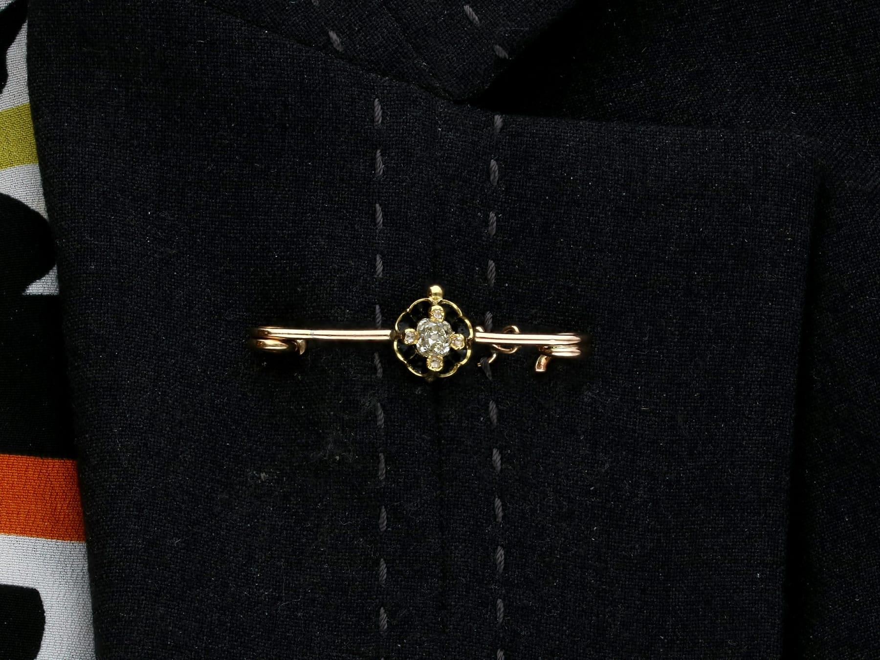 Antique Victorian Diamond and Black Enamel Yellow Gold Bar Brooch For Sale 1
