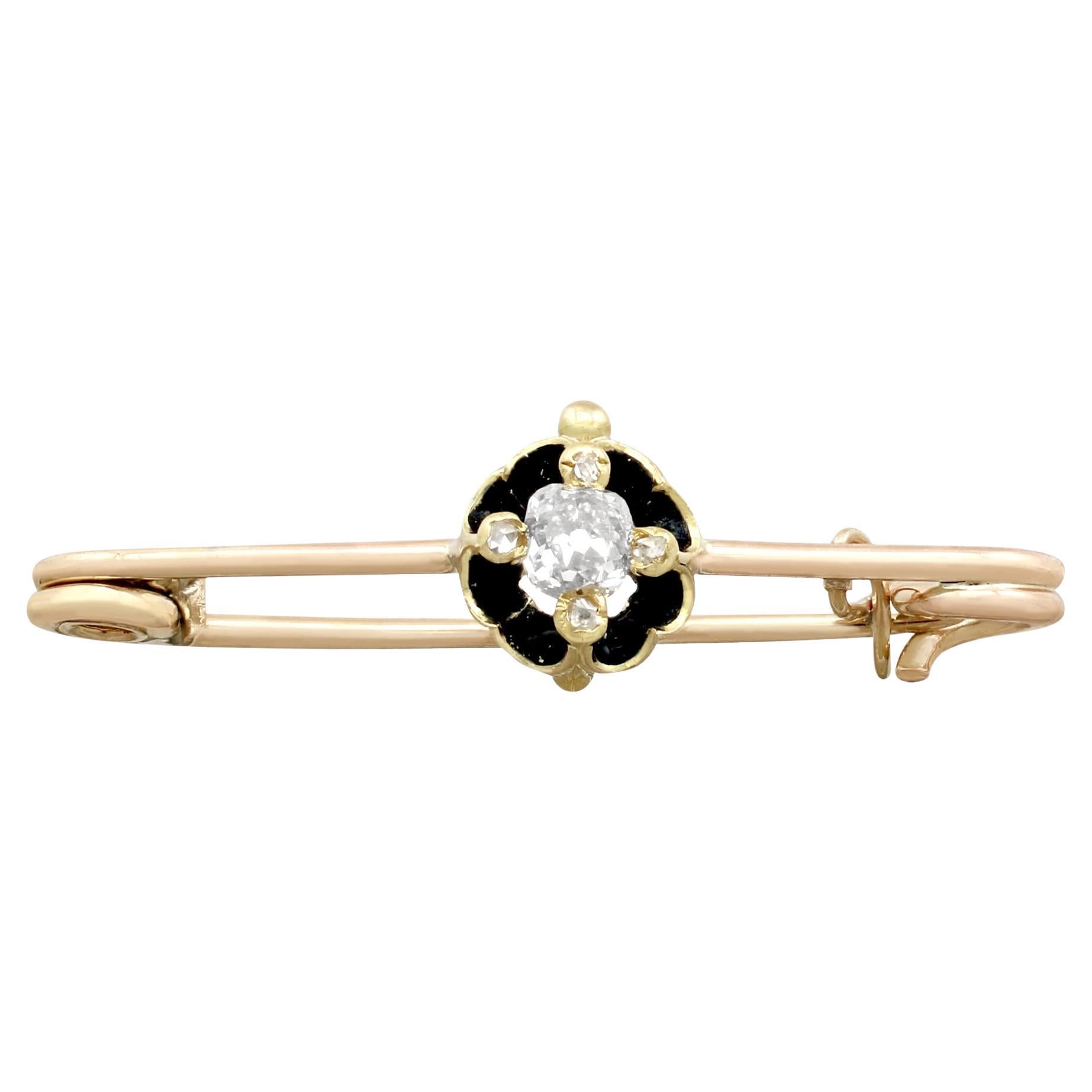 Antique Victorian Diamond and Black Enamel Yellow Gold Bar Brooch For Sale