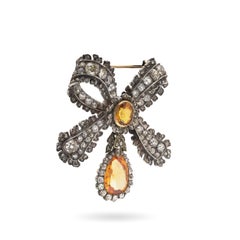 Antique Victorian Diamond and Citrine Bow Brooch, Silver and Gold, Circa 1870