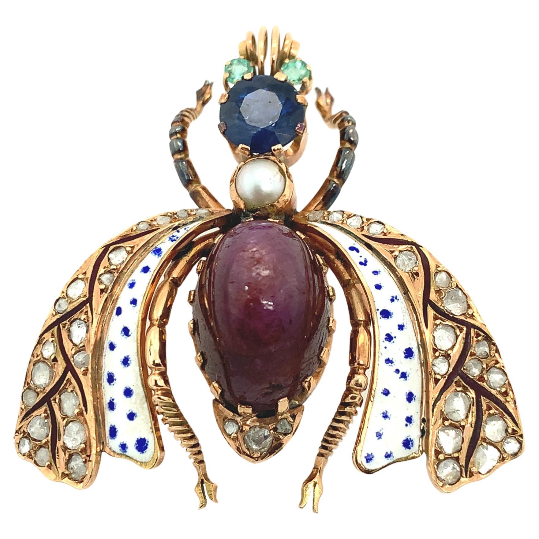 Antique Victorian Diamond and Colored Stone Gold Insect Brooch