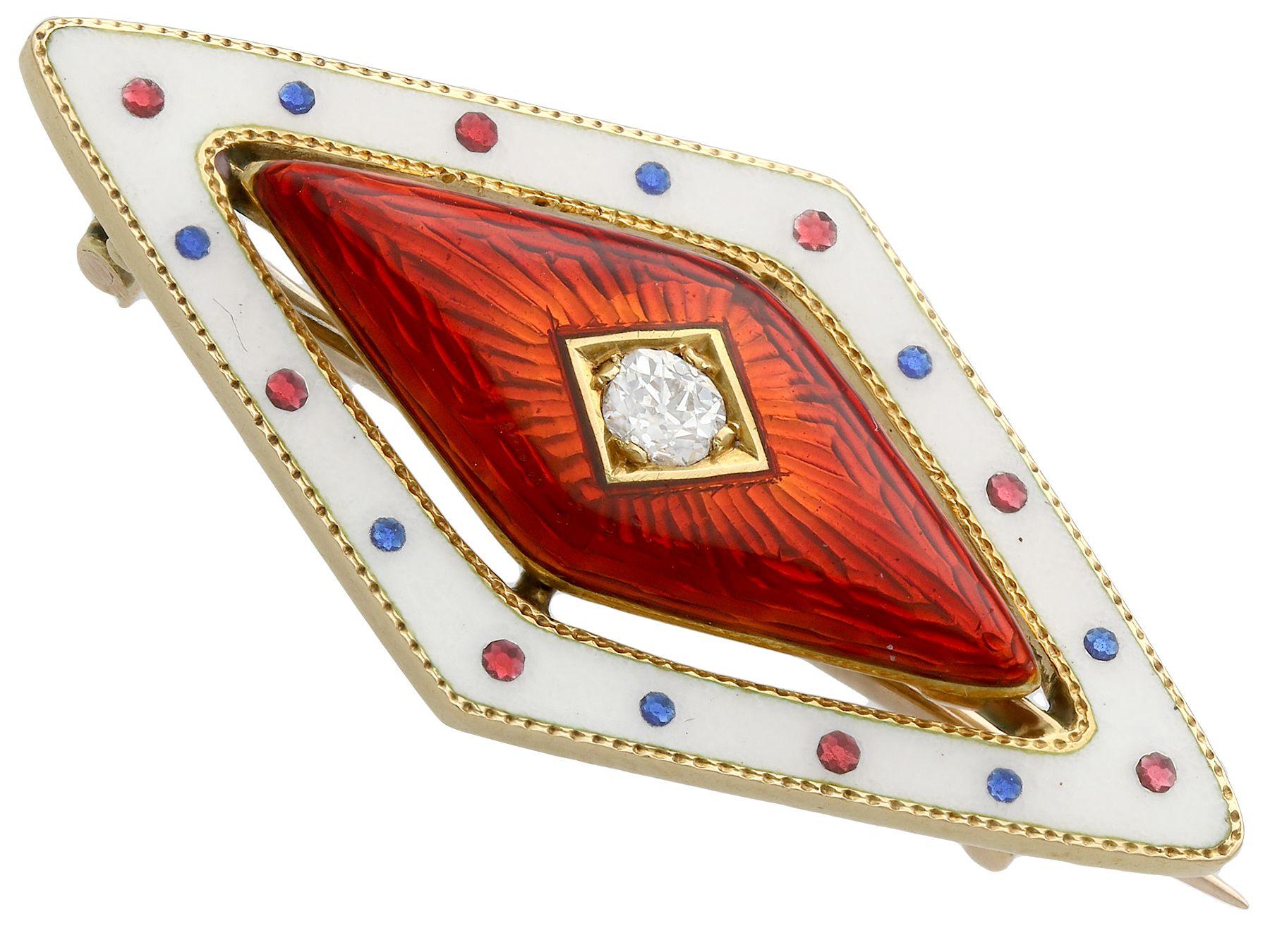 A fine and impressive antique Victorian 0.07 carat diamond and enamel, 18 karat yellow gold brooch; part of our diverse antique jewelry and estate jewelry collections.

This fine and impressive Victorian brooch has been crafted in 18k yellow