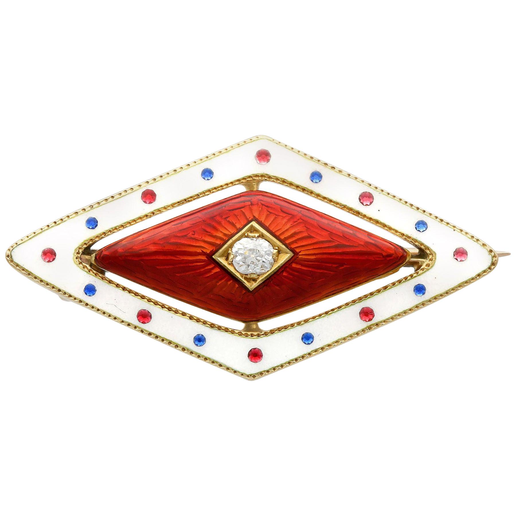 Antique Victorian Diamond and Enamel Yellow Gold Brooch
