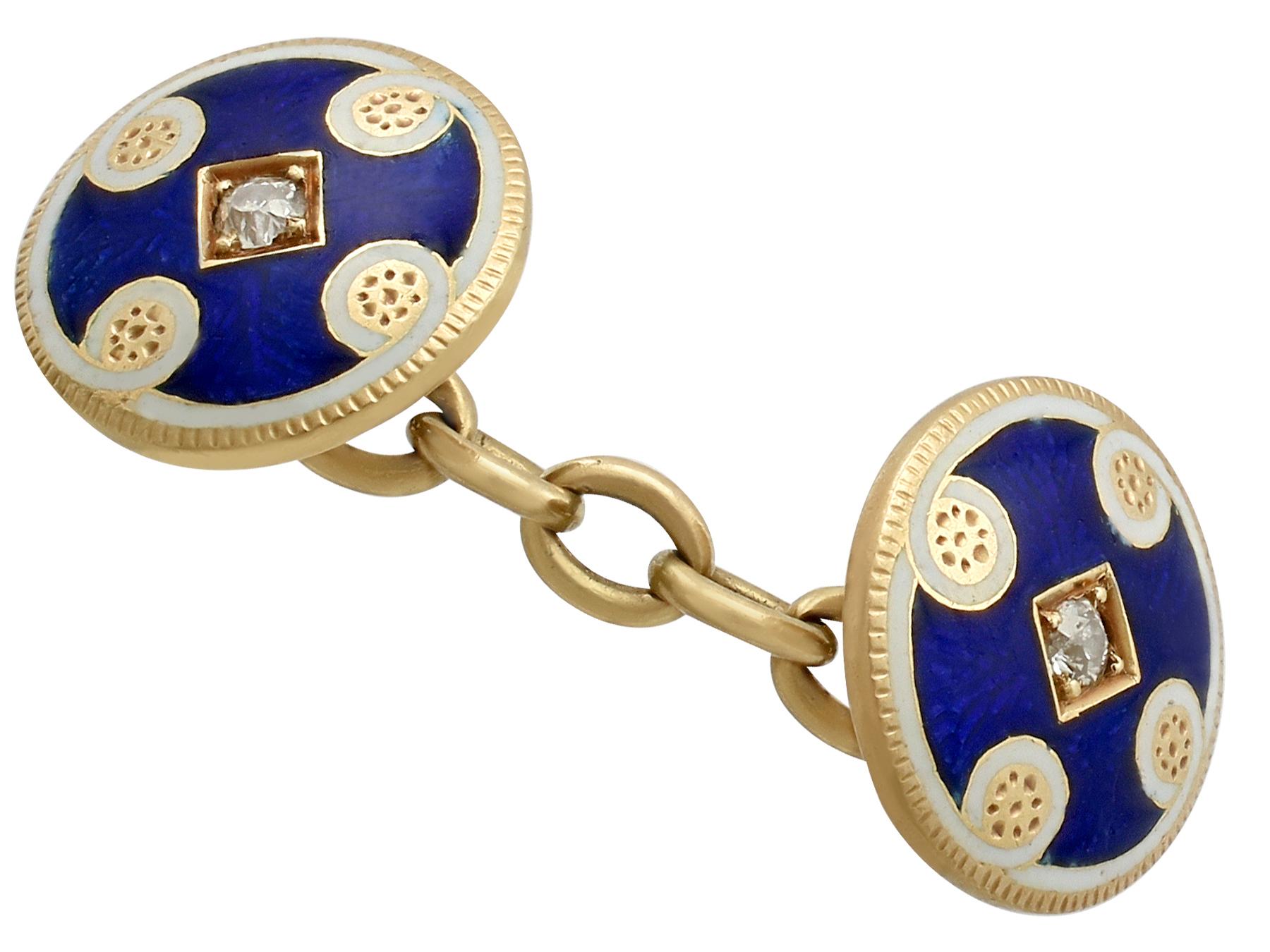 An impressive pair of antique Victorian 0.24 carat diamond and enamel, 18 karat yellow gold cufflinks; part of our diverse antique jewelry and estate jewelry collections.

These fine and impressive antique cufflinks have been crafted in 18k yellow