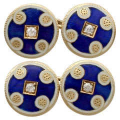 Antique Victorian Diamond and Enamel Yellow Gold Cufflinks