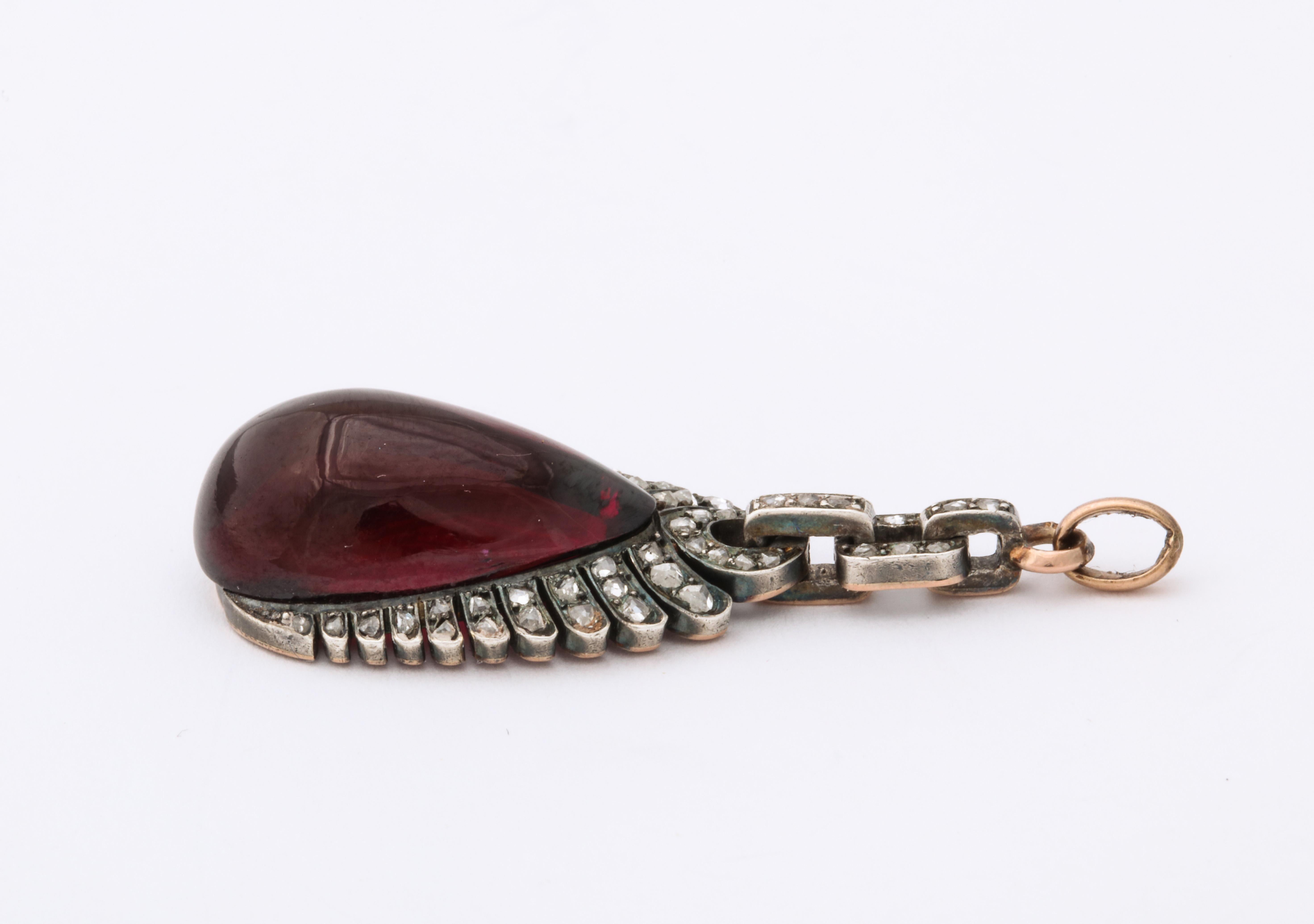 Cabochon Antique Victorian Teardrop Garnet and Diamond Pendant