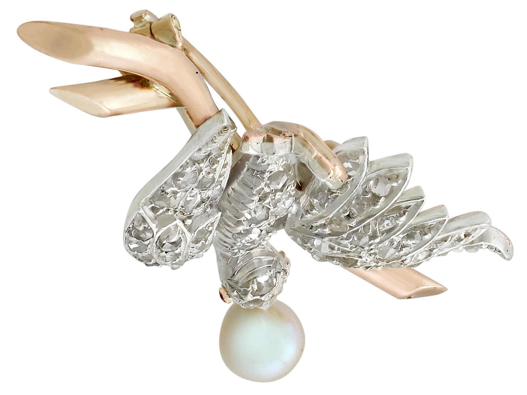Antique Victorian Diamond and Pearl Ruby and Yellow Gold Bird Brooch In Excellent Condition In Jesmond, Newcastle Upon Tyne