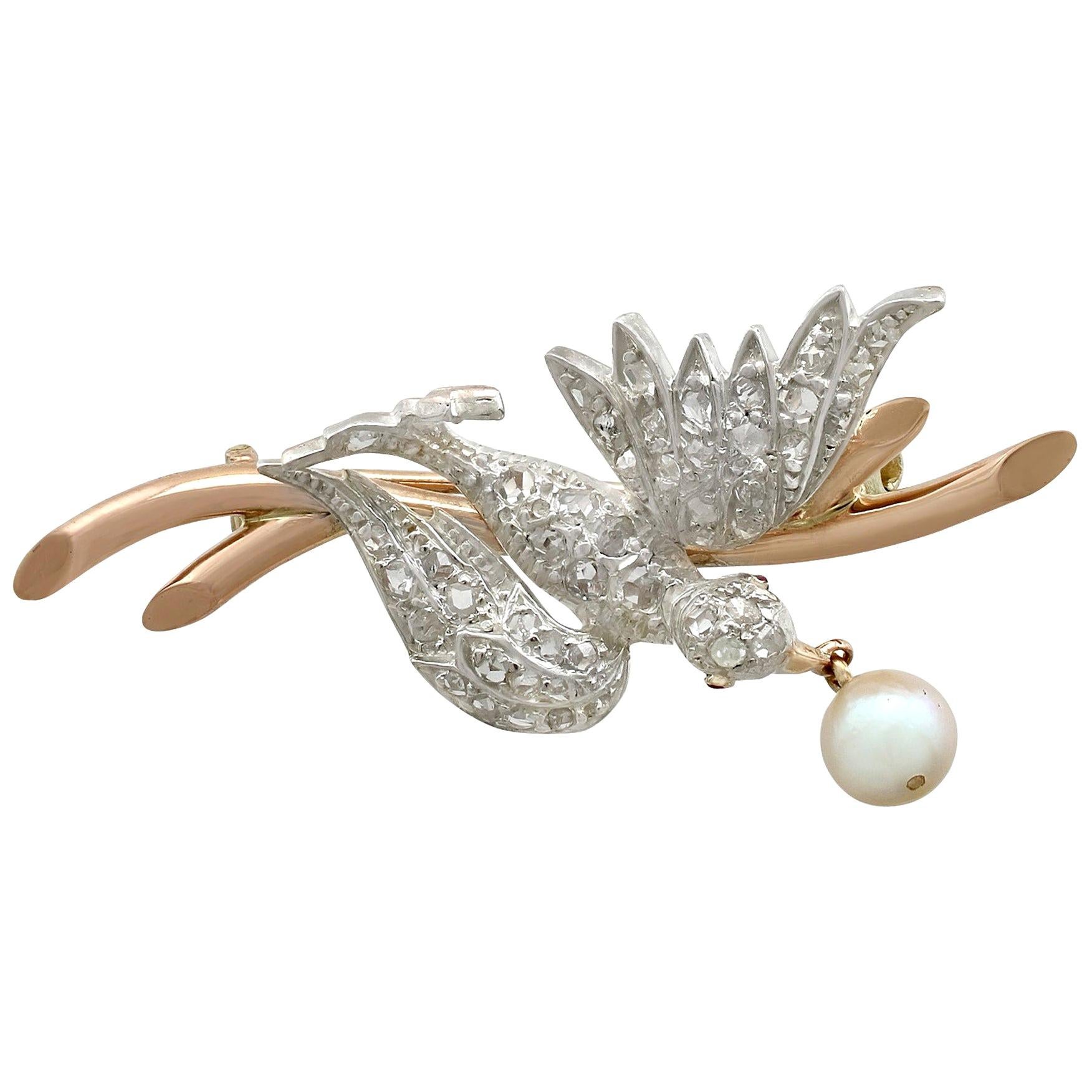 Antique Victorian Diamond and Pearl Ruby and Yellow Gold Bird Brooch