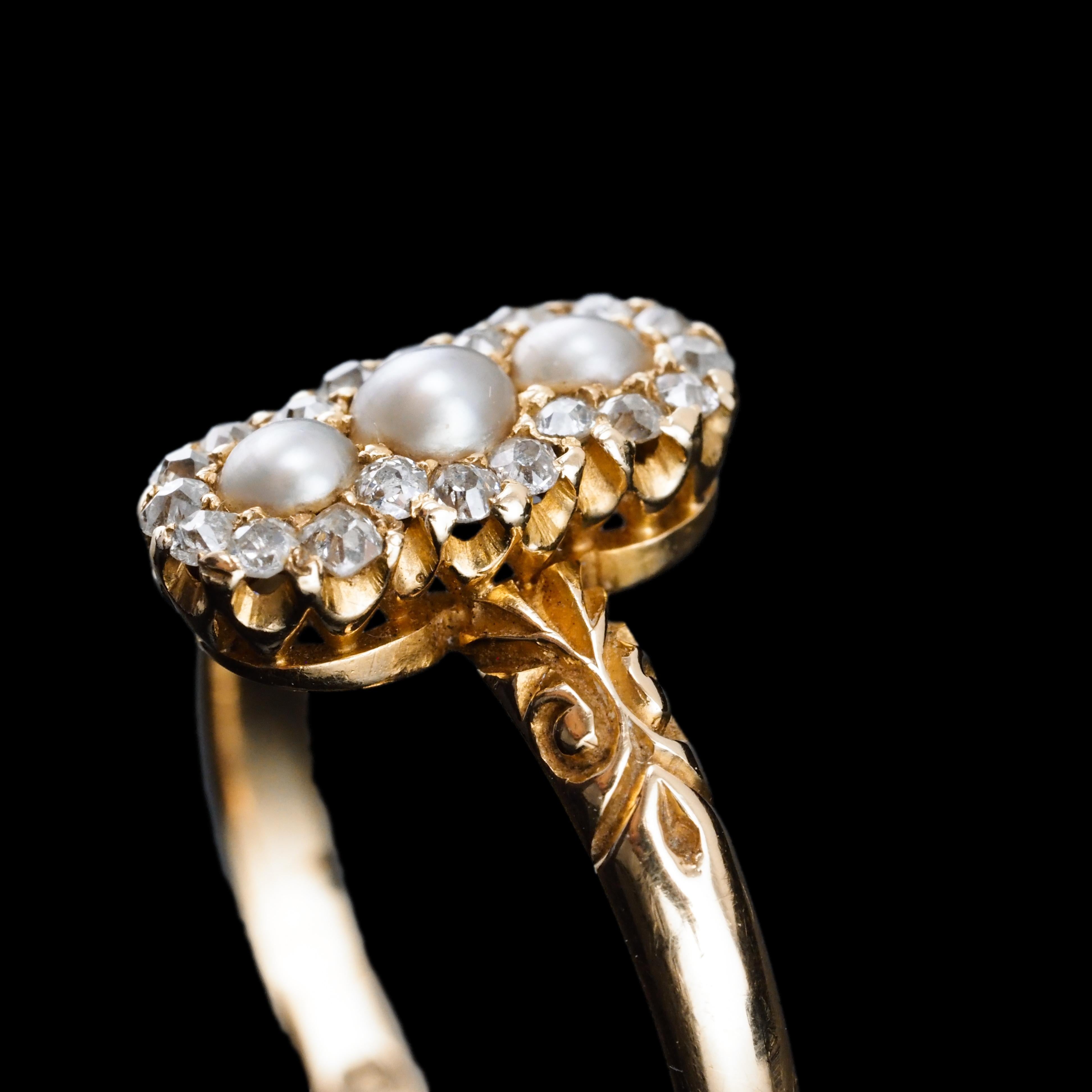 Antique Victorian Diamond and Pearl Triple Cluster Ring 18K Gold - c.1900 For Sale 8