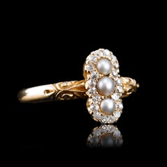 Antique Victorian Diamond and Pearl Triple Cluster Ring 18K Gold - c.1900