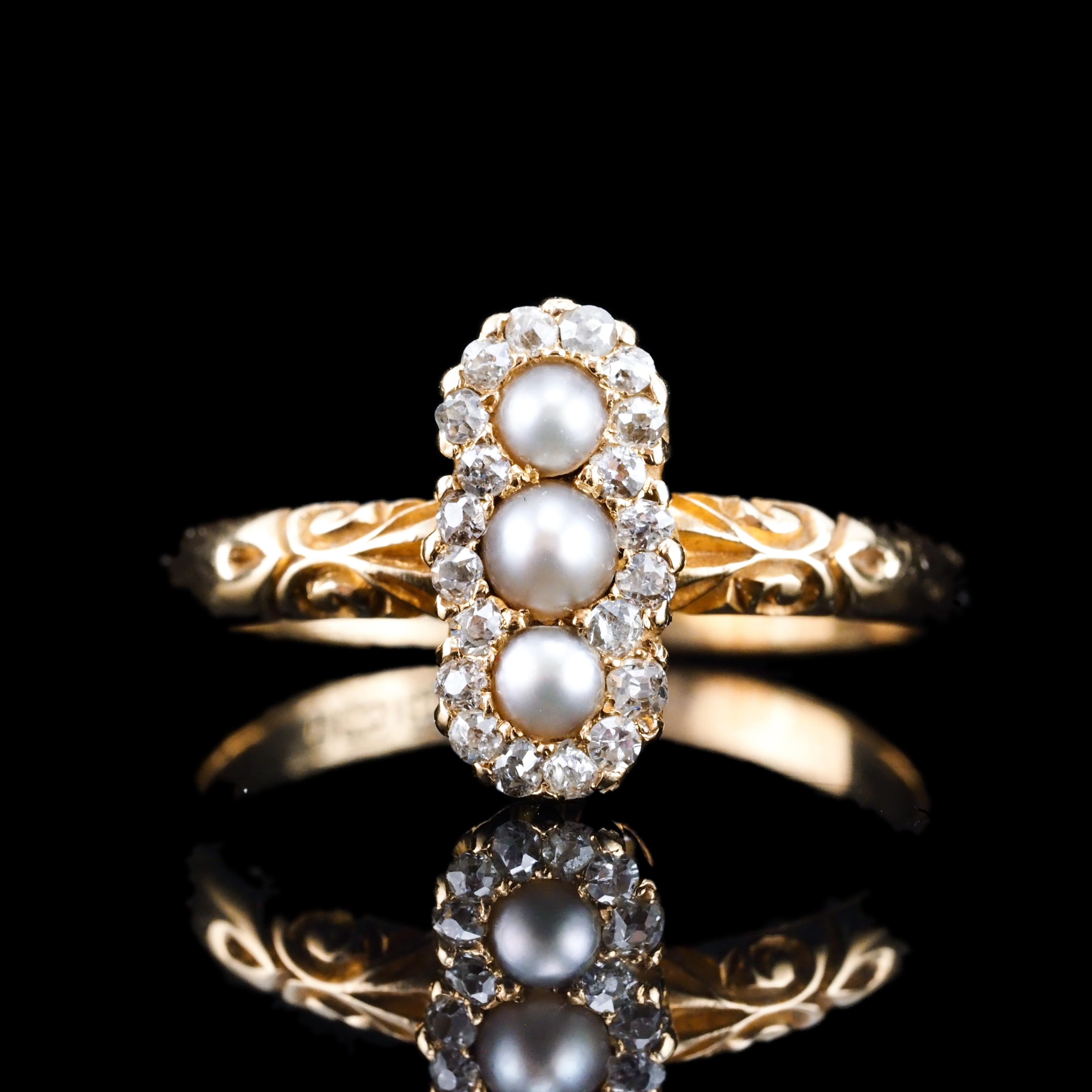 Round Cut Antique Victorian Diamond and Pearl Triple Cluster Ring 18K Gold - c.1900 For Sale