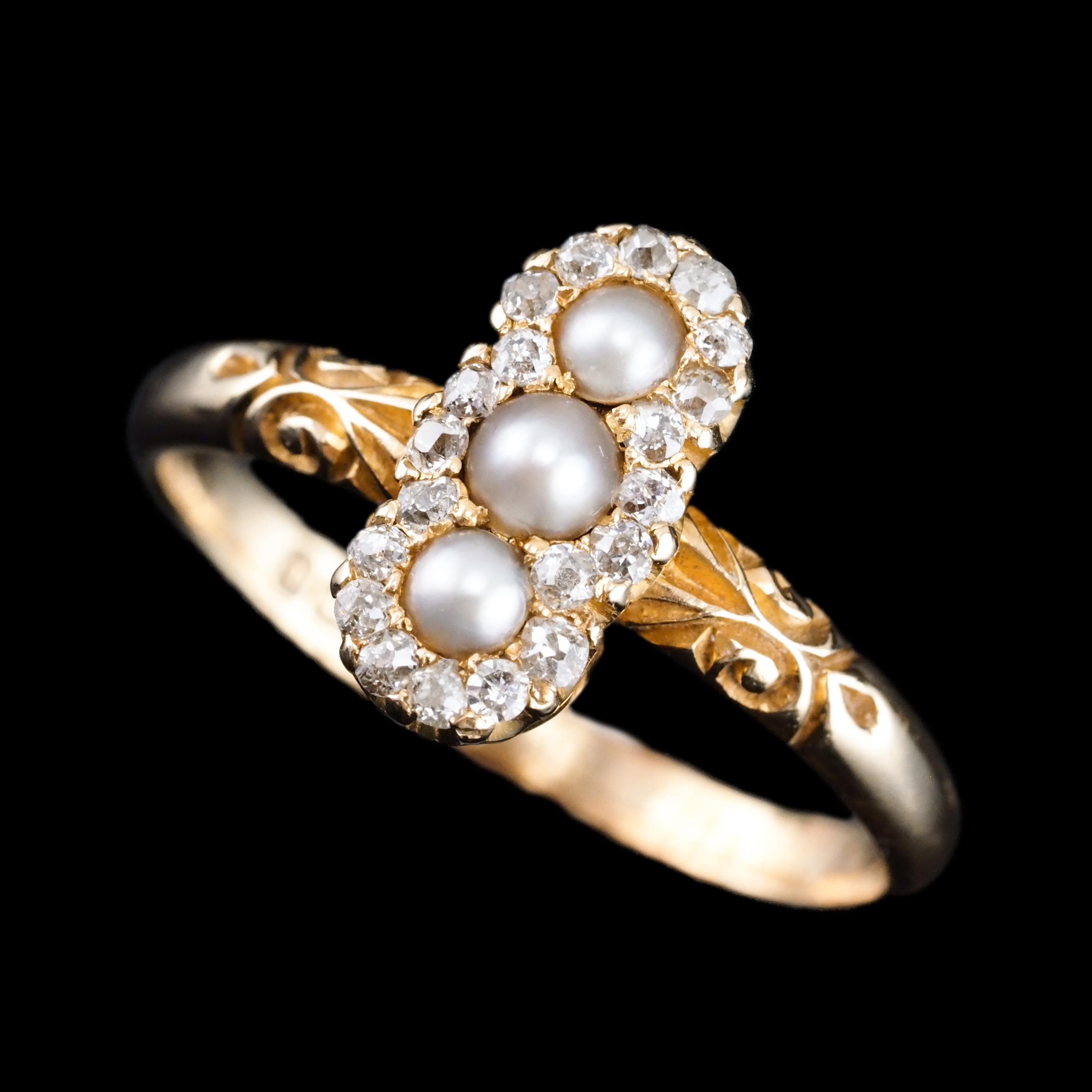 Women's Antique Victorian Diamond and Pearl Triple Cluster Ring 18K Gold - c.1900 For Sale