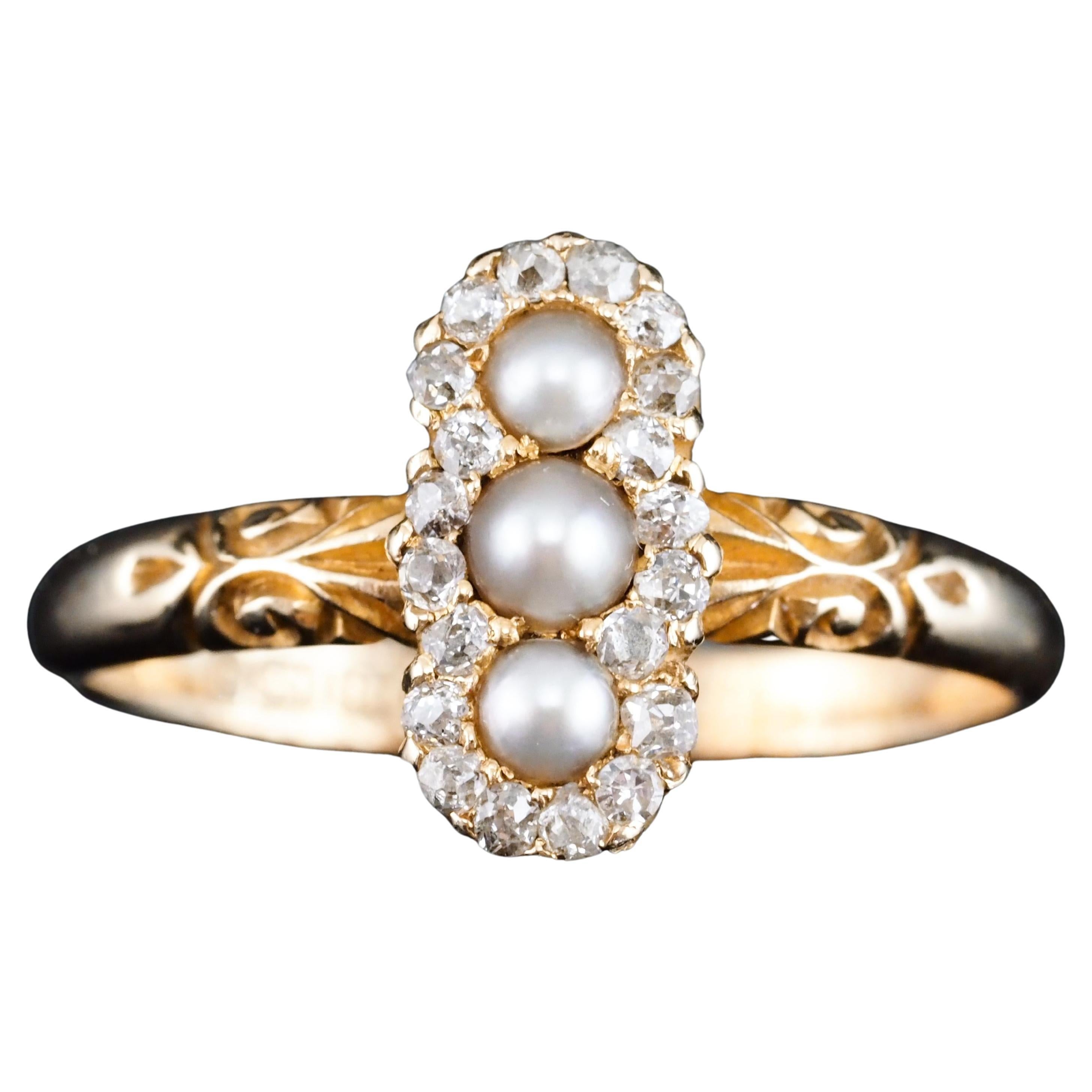 Antique Victorian Diamond and Pearl Triple Cluster Ring 18K Gold - c.1900 For Sale
