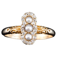 Antique Victorian Diamond and Pearl Triple Cluster Ring 18K Gold - c.1900