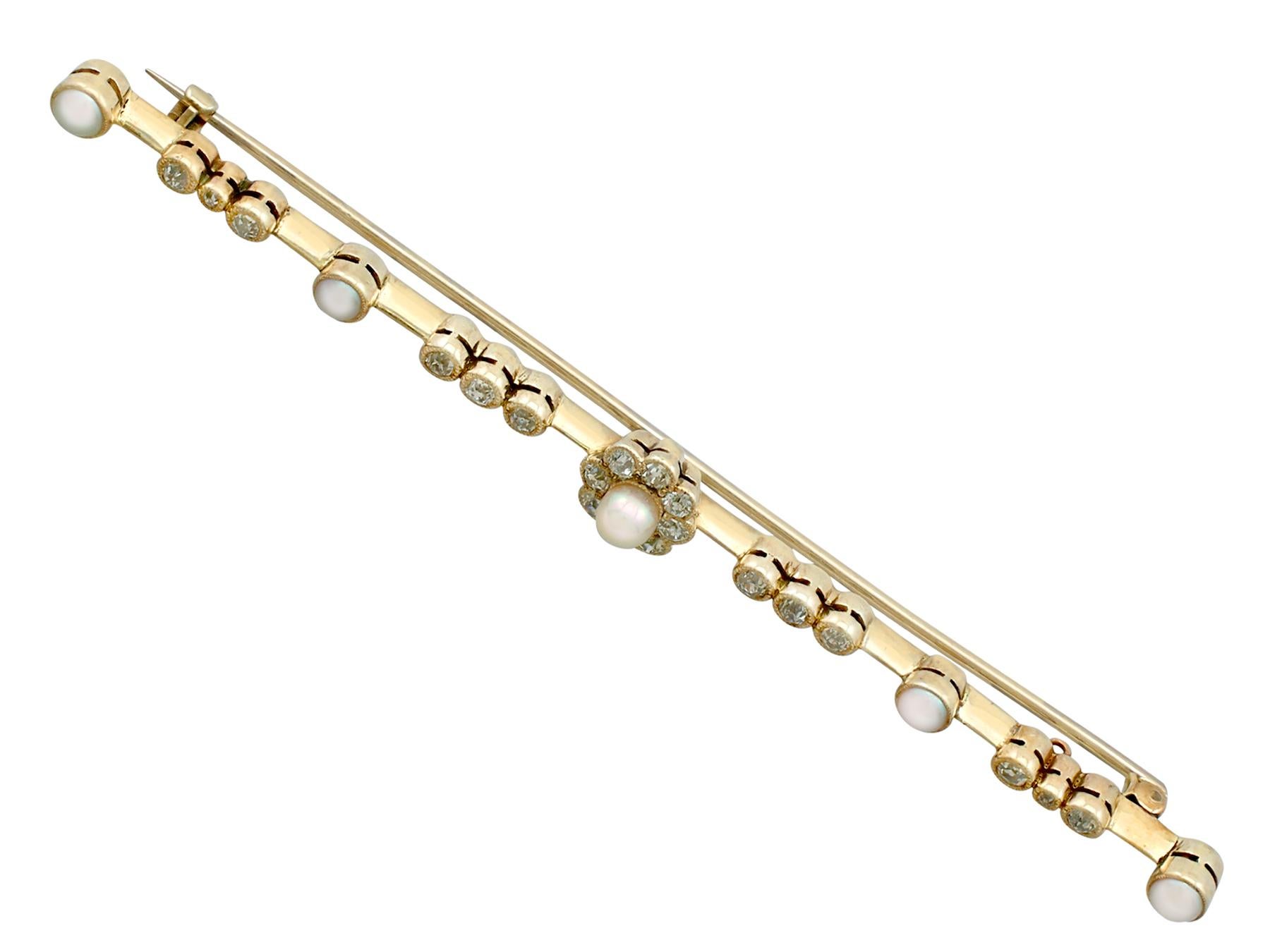 A fine Victorian 0.38 carat diamond and pearl, 15k yellow gold bar brooch; part of our antique jewelry and estate jewelry collections.

This impressive Victorian bar brooch has been crafted in 15k yellow gold.

The bar brooch has a feature cluster