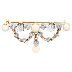 Antique Victorian Diamond and Pearl Yellow Gold Brooch