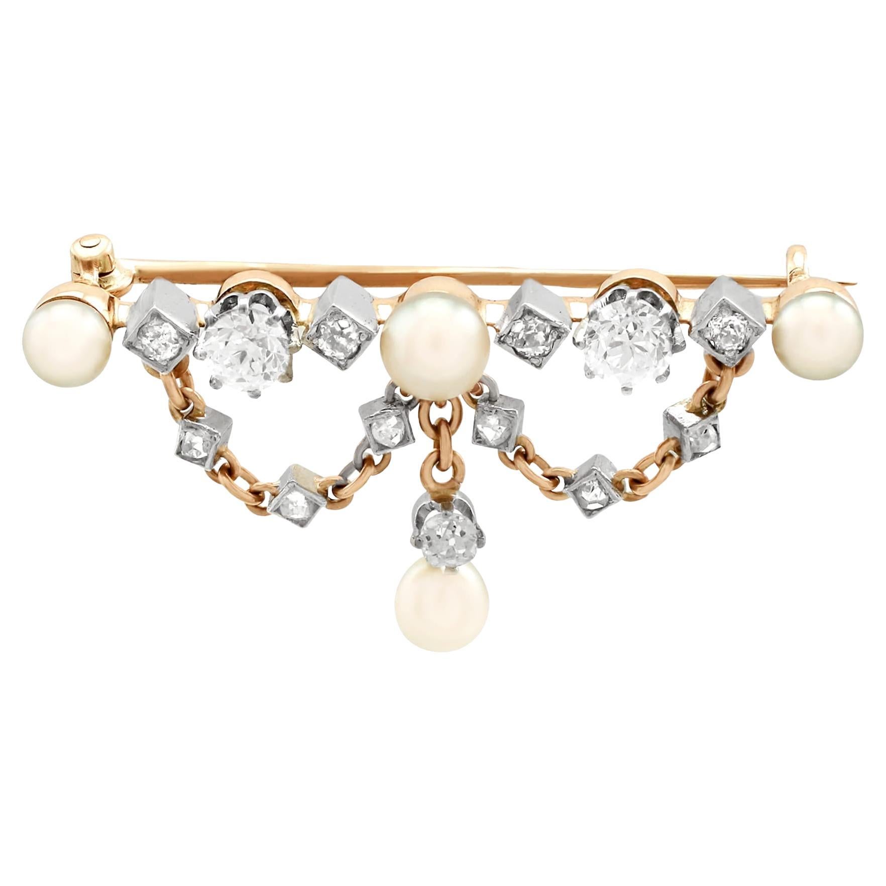 Antique Victorian Diamond and Pearl Yellow Gold Brooch For Sale