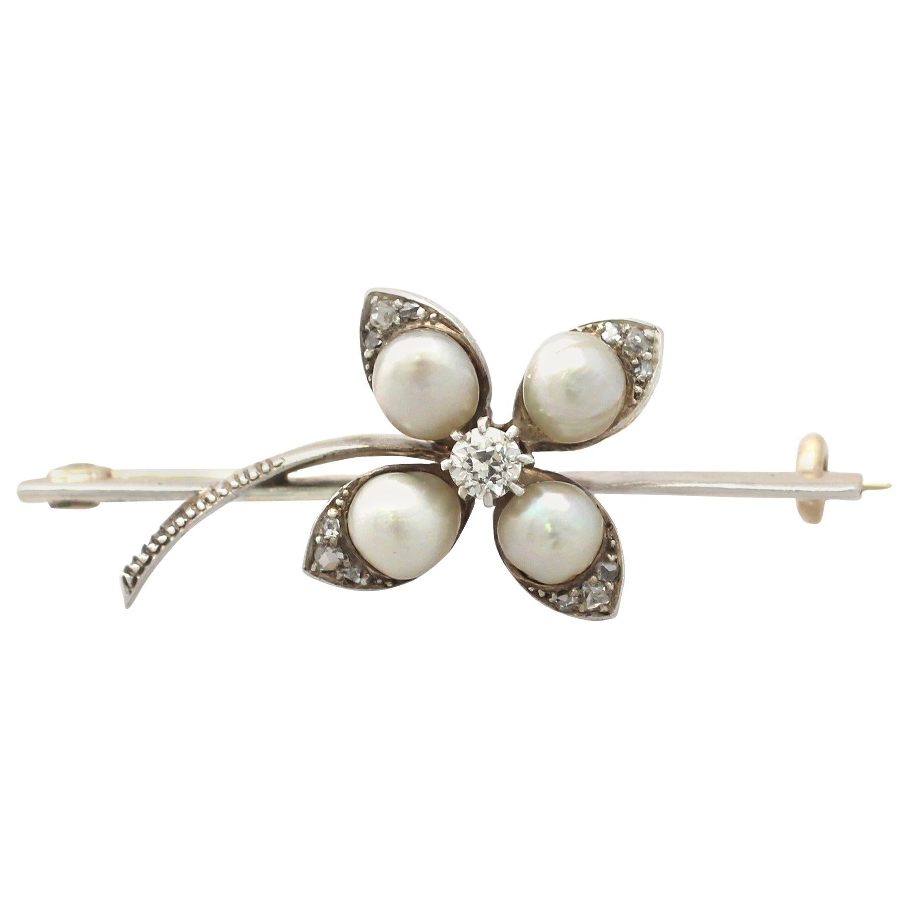 Antique Victorian Diamond and Pearl Yellow Gold Clover Brooch