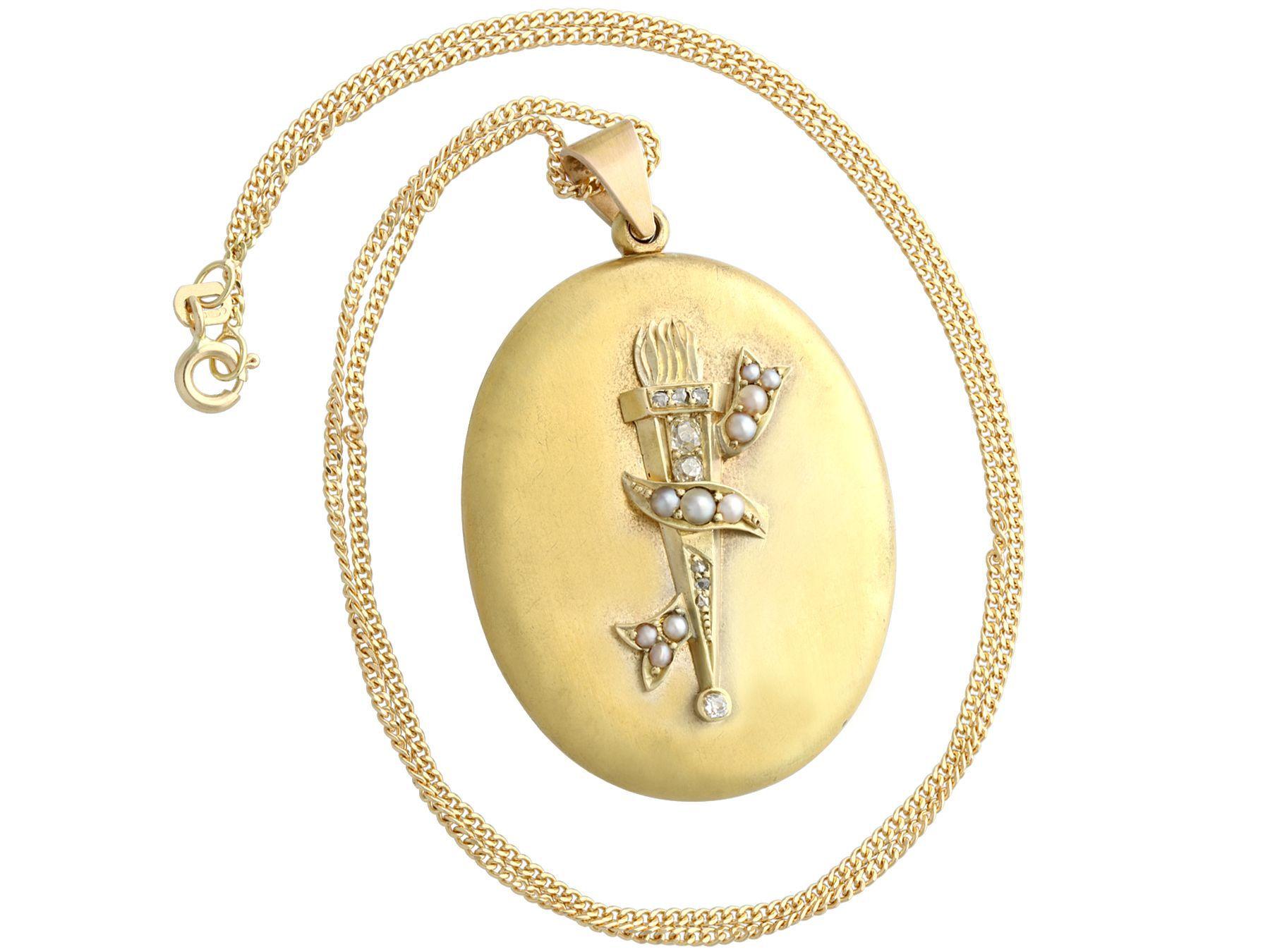 A fine and impressive antique Victorian 0.19 carat diamond and seed pearl, 15 karat yellow gold locket pendant; part of our diverse collection of Victorian lockets.

This fine and impressive Victorian locket has been crafted in 15k yellow gold.

The