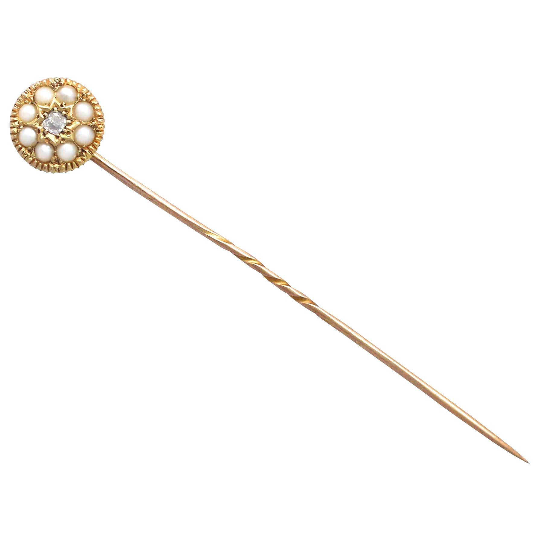 Antique Victorian Diamond and Pearl Yellow Gold Pin Brooch
