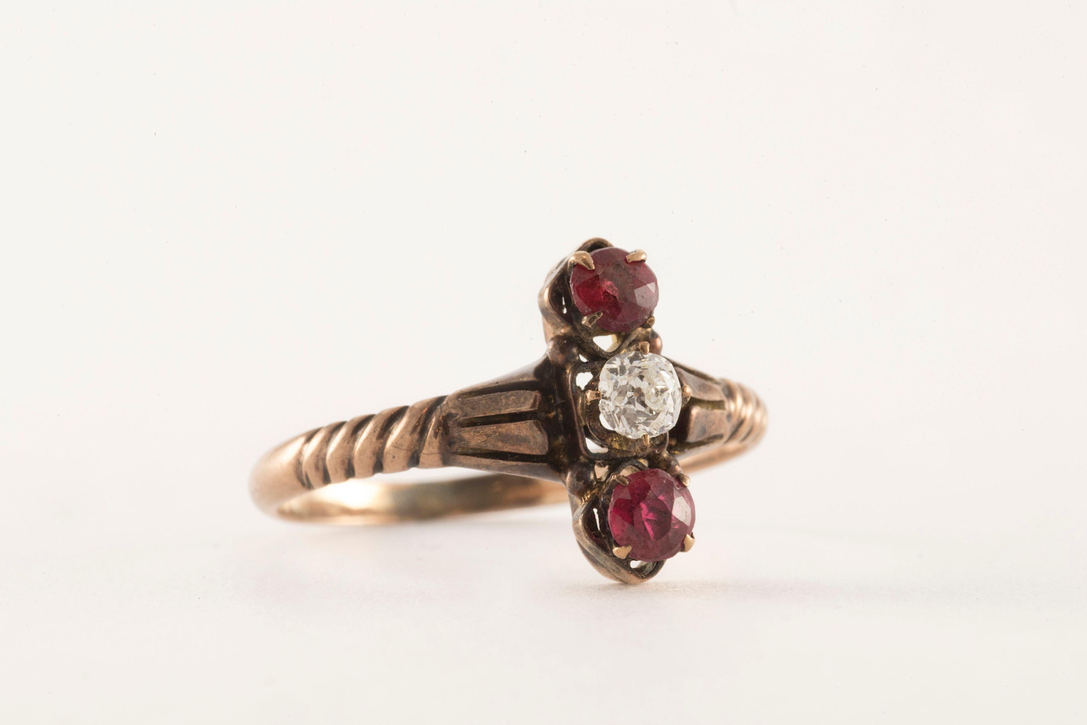 Old Mine Cut Antique Victorian Diamond and Red Garnet Trilogy Ring For Sale