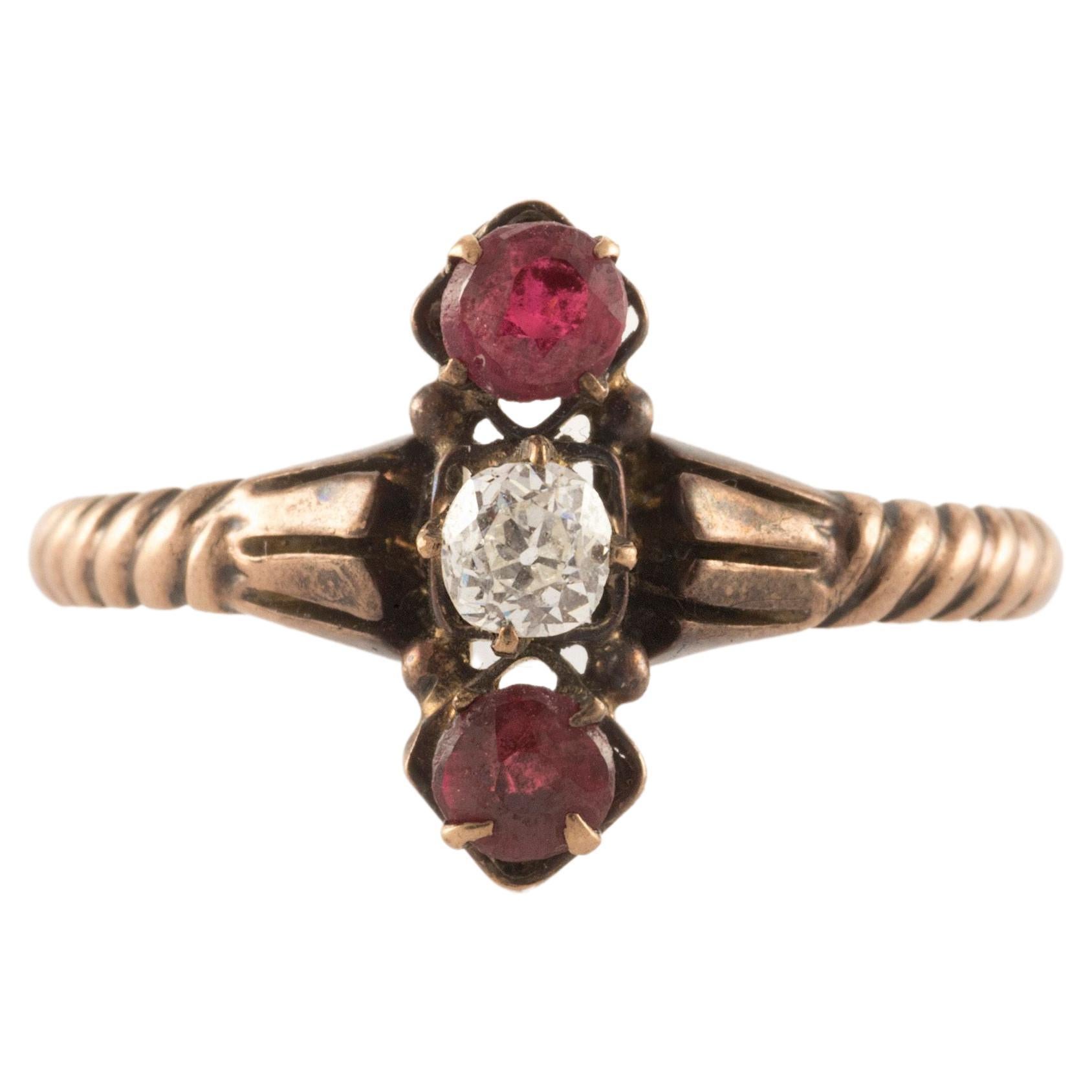 Antique Victorian Diamond and Red Garnet Trilogy Ring For Sale