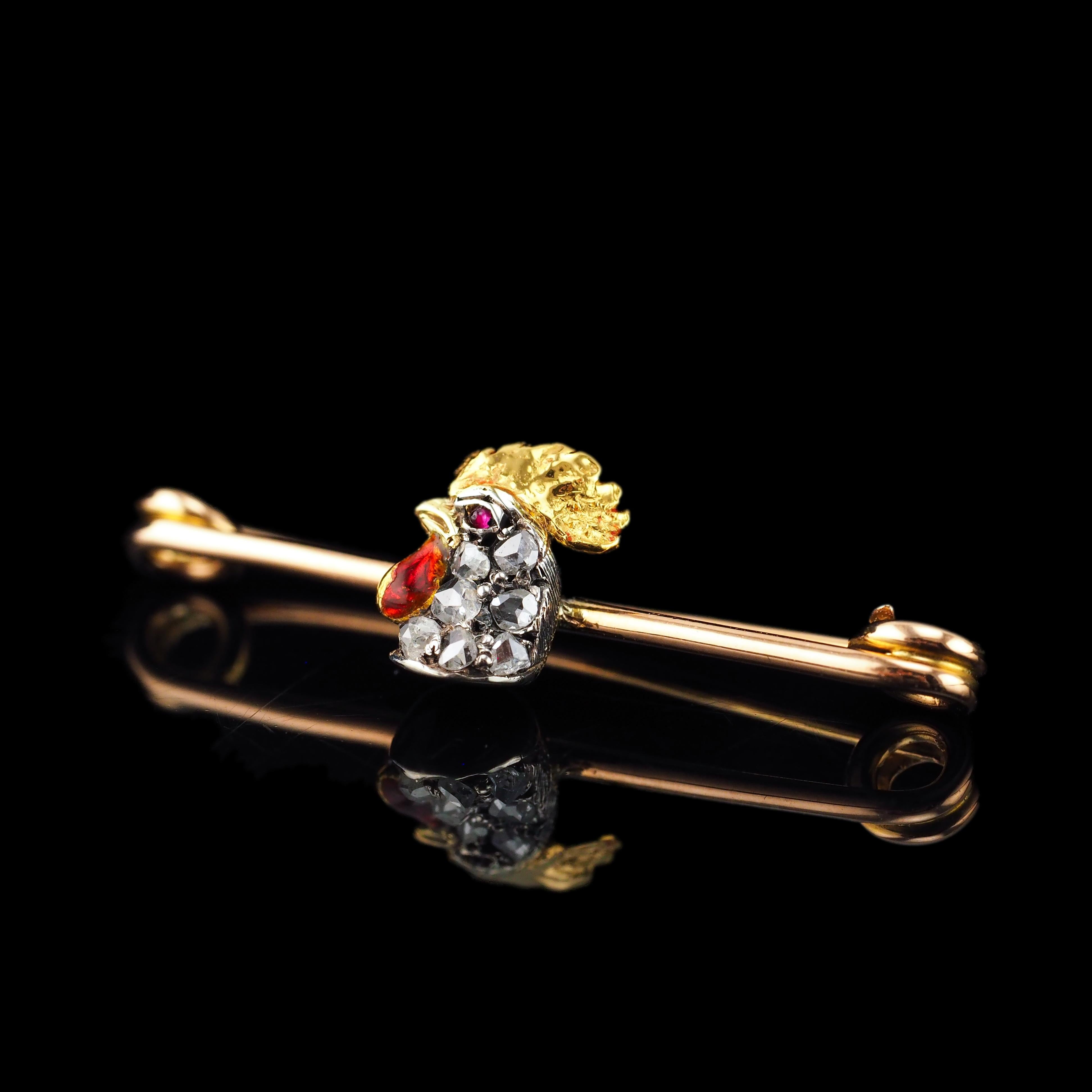 Cabochon Antique Victorian Diamond and Ruby 15K Gold Cockerel/Rooster/Chicken Brooch Pin For Sale