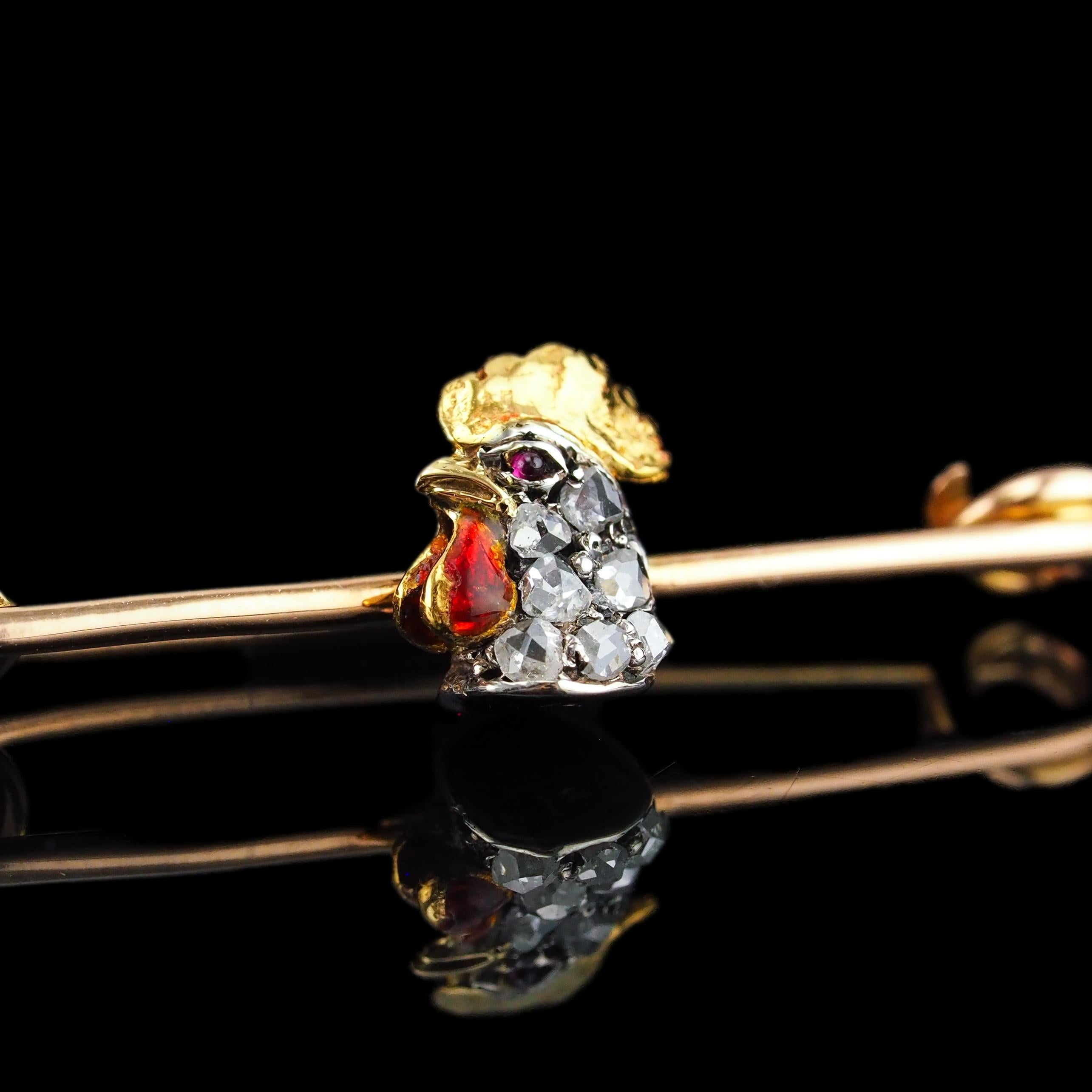 Antique Victorian Diamond and Ruby 15K Gold Cockerel/Rooster/Chicken Brooch Pin For Sale 3