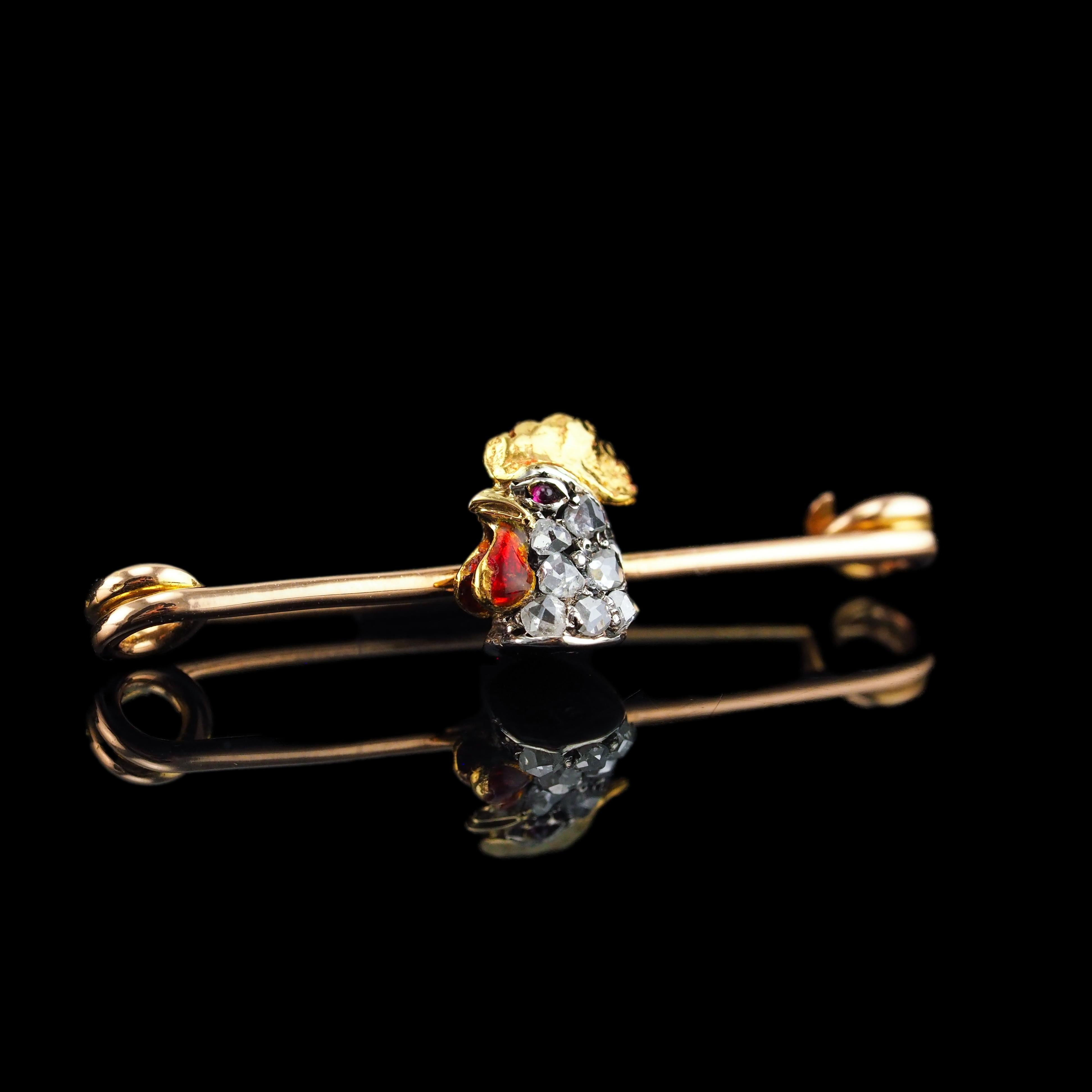 Antique Victorian Diamond and Ruby 15K Gold Cockerel/Rooster/Chicken Brooch Pin For Sale 4