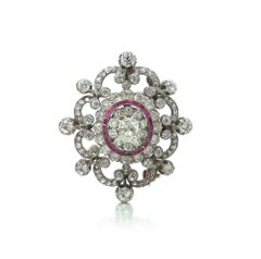 Antique Victorian Diamond and Ruby Brooch, 9ct Gold and Silver