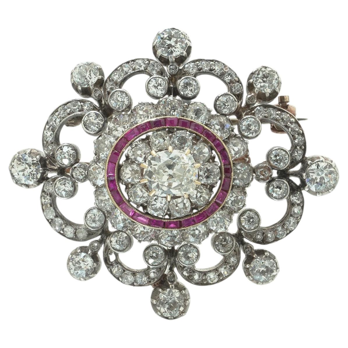 Antique Victorian Diamond and Ruby Brooch, 9ct Gold and Silver