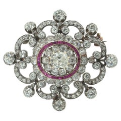 Antique Victorian Diamond and Ruby Brooch, 9ct Gold and Silver