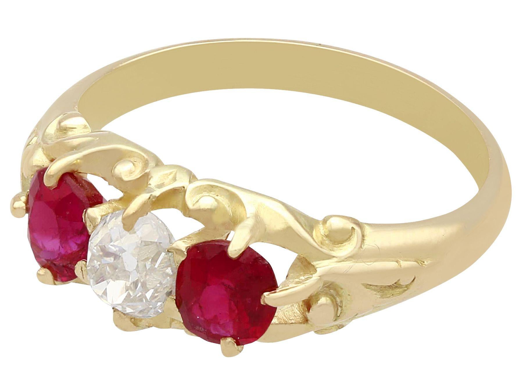 Round Cut Antique Victorian Diamond and Ruby Yellow Gold Cocktail Ring For Sale