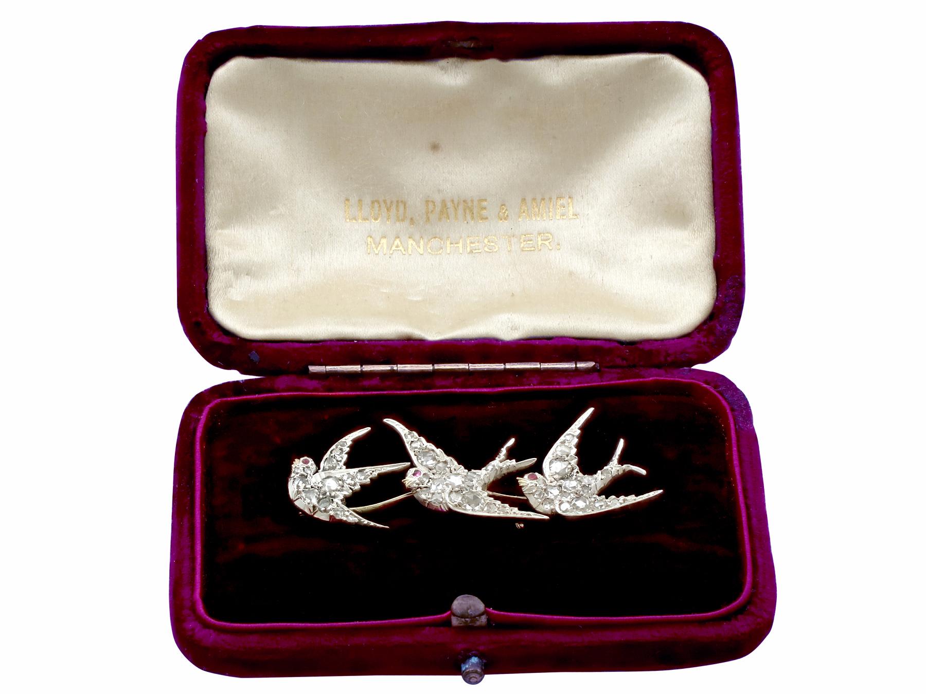 Antique Victorian Diamond and Ruby Yellow Gold Swallow Brooch, Circa 1880 3