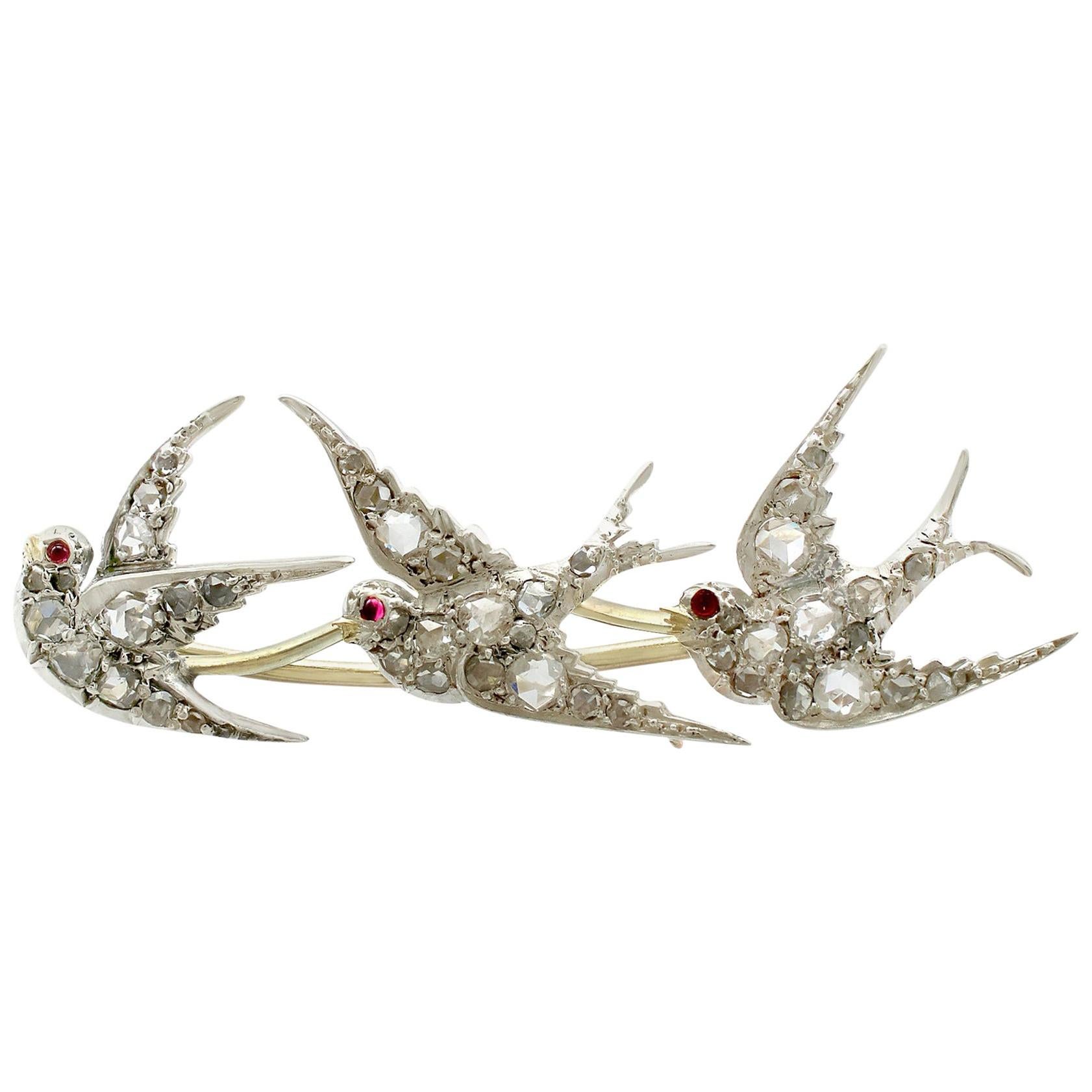 Antique Victorian Diamond and Ruby Yellow Gold Swallow Brooch, Circa 1880