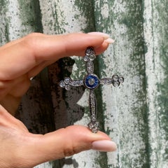 Antique Victorian Diamond and Sapphire Cross Pendant Estate Fine Jewelry