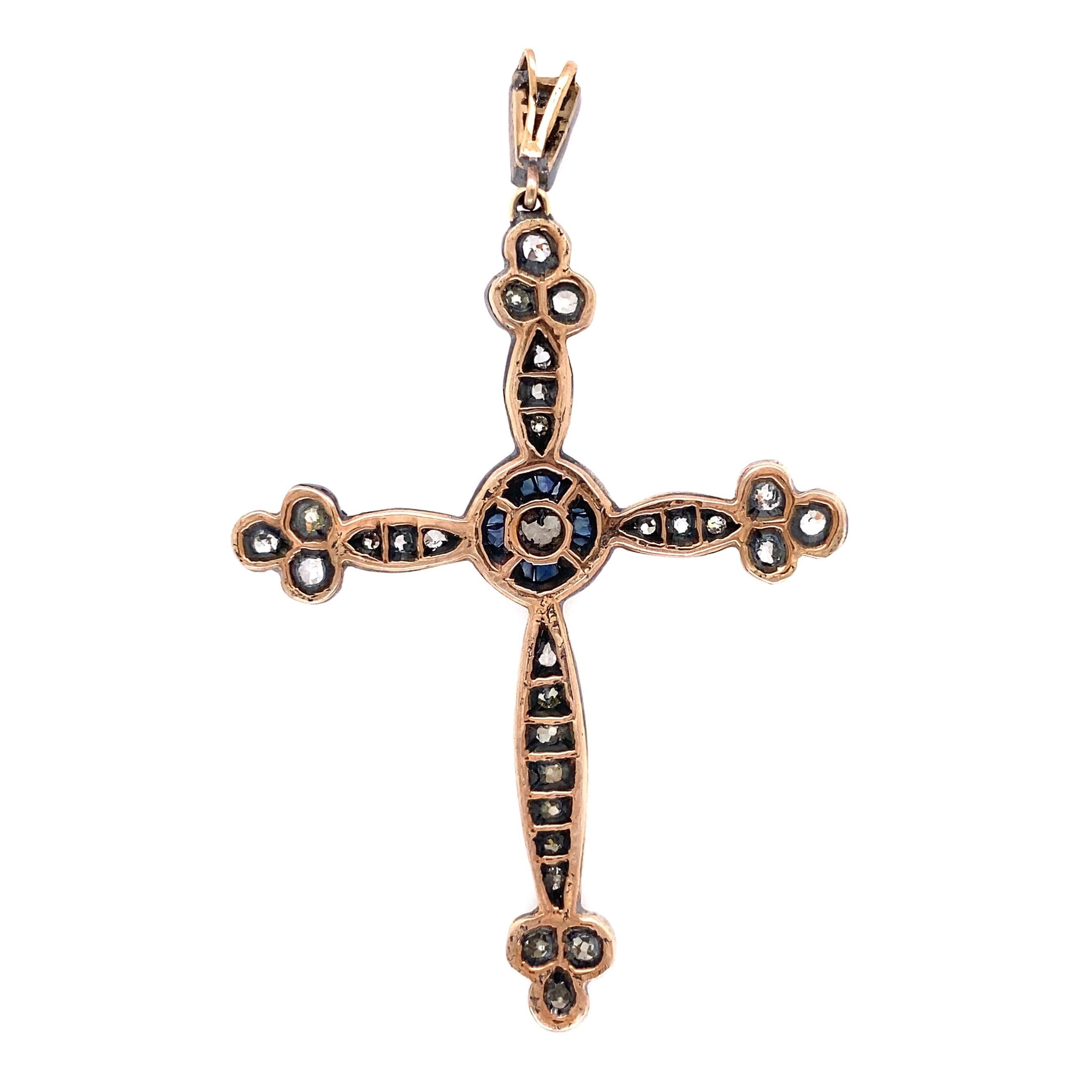 Mixed Cut Antique Victorian Diamond and Sapphire Cross Pendant Estate Fine Jewelry