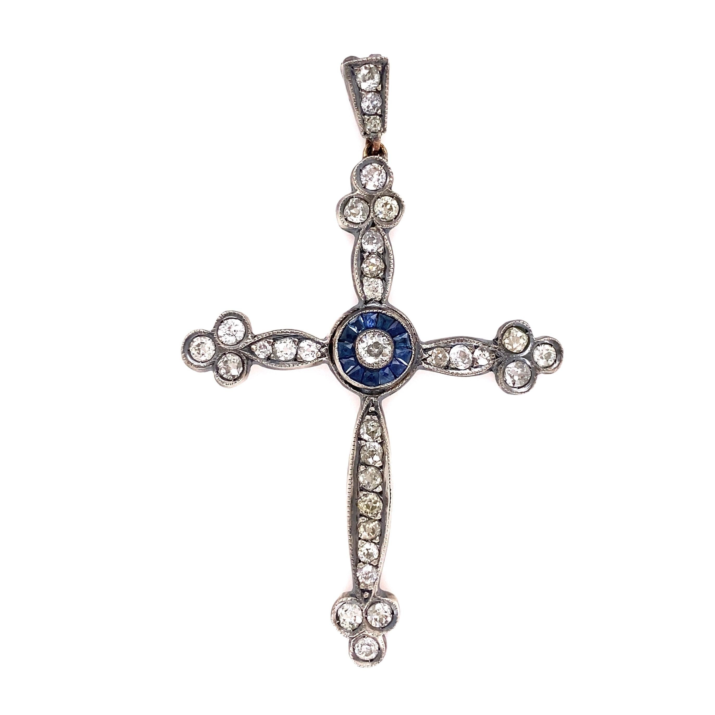 Antique Victorian Diamond and Sapphire Cross Pendant Estate Fine Jewelry In Excellent Condition In Montreal, QC