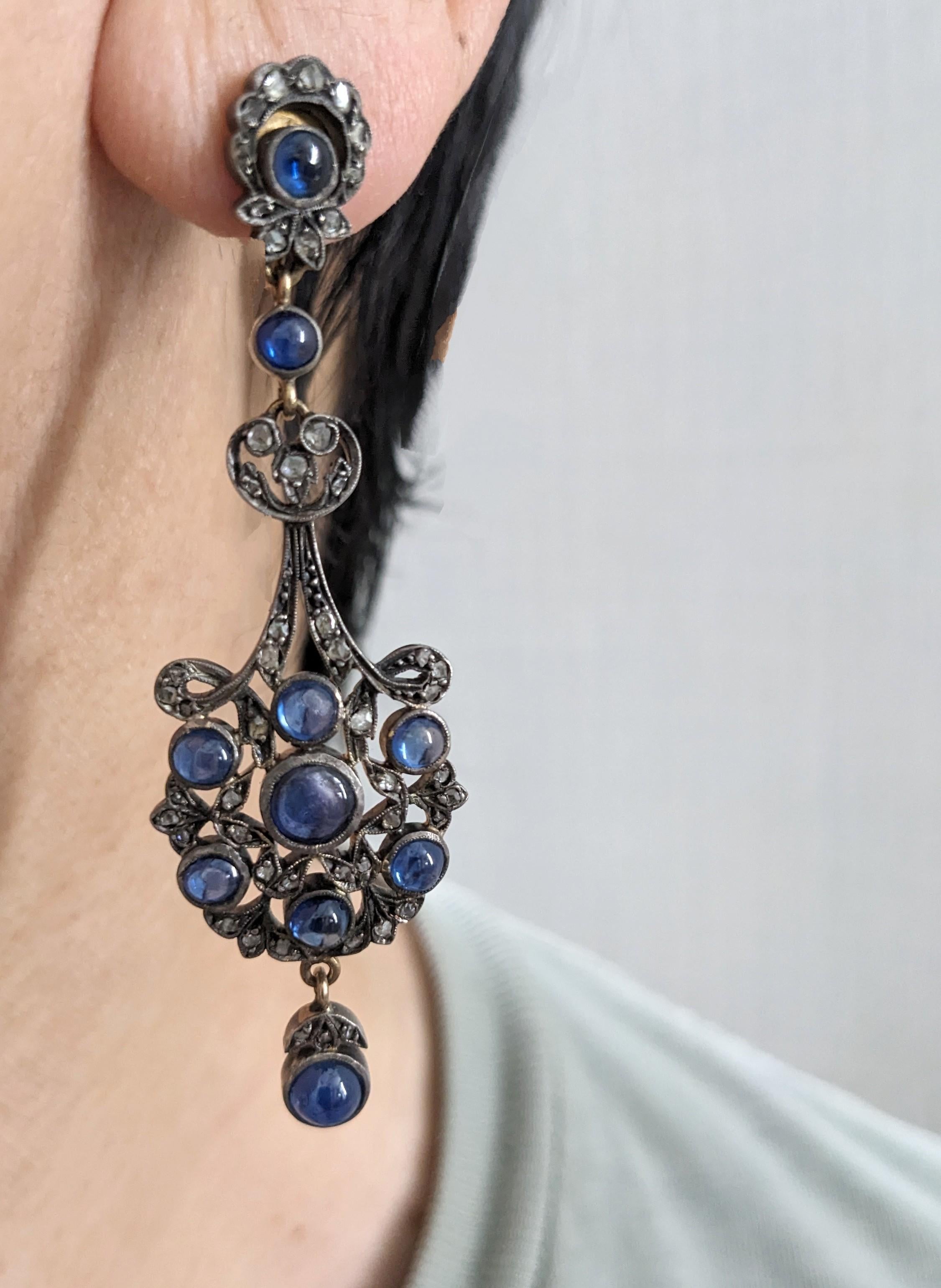 Antique Victorian Diamond and Sapphire Drop Earrings For Sale 6