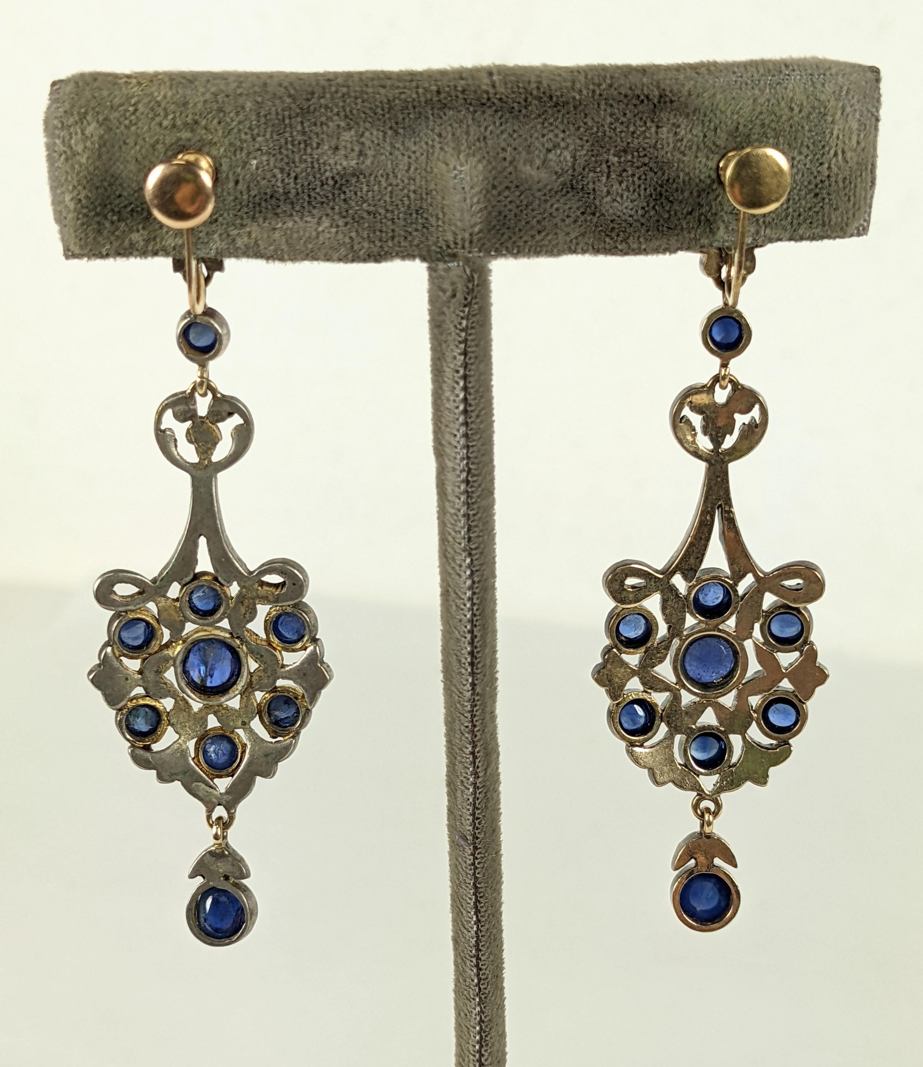 Cabochon Antique Victorian Diamond and Sapphire Drop Earrings For Sale