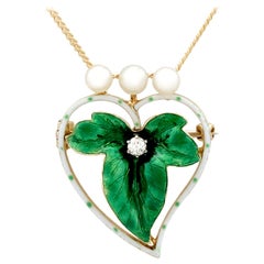 Victorian Diamond and Seed Pearl Enamel and Yellow Gold Pendant / Brooch