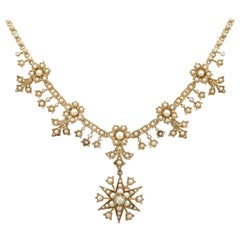 Antique Victorian Diamond and Seed Pearl Yellow Gold Necklace